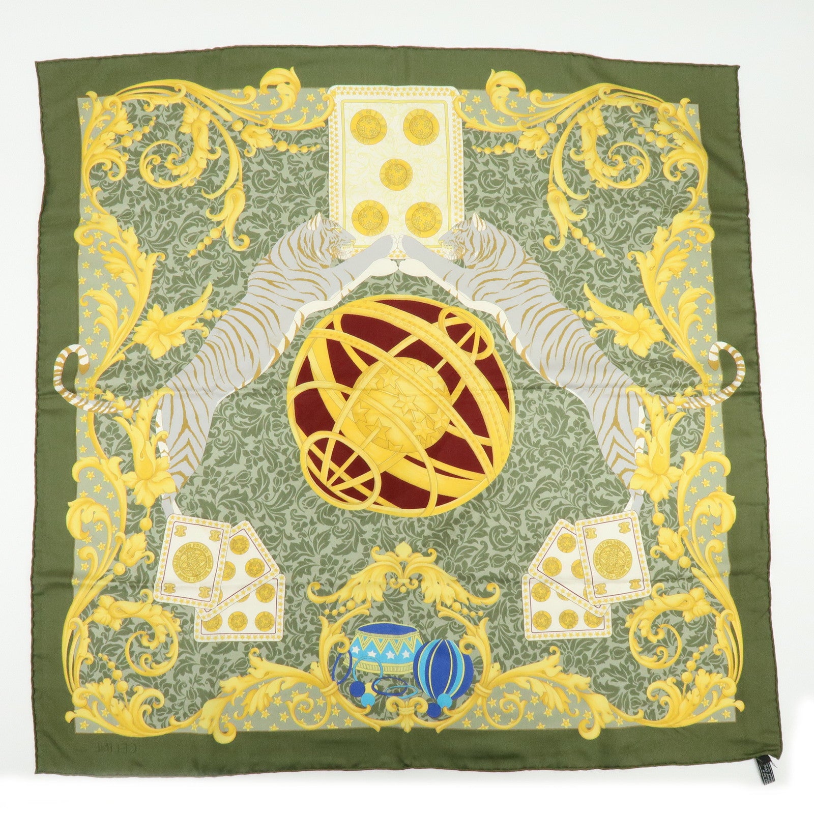 CELINE Silk100% Tiger Print Baroque Motif Scarf Shawl Green Yellow