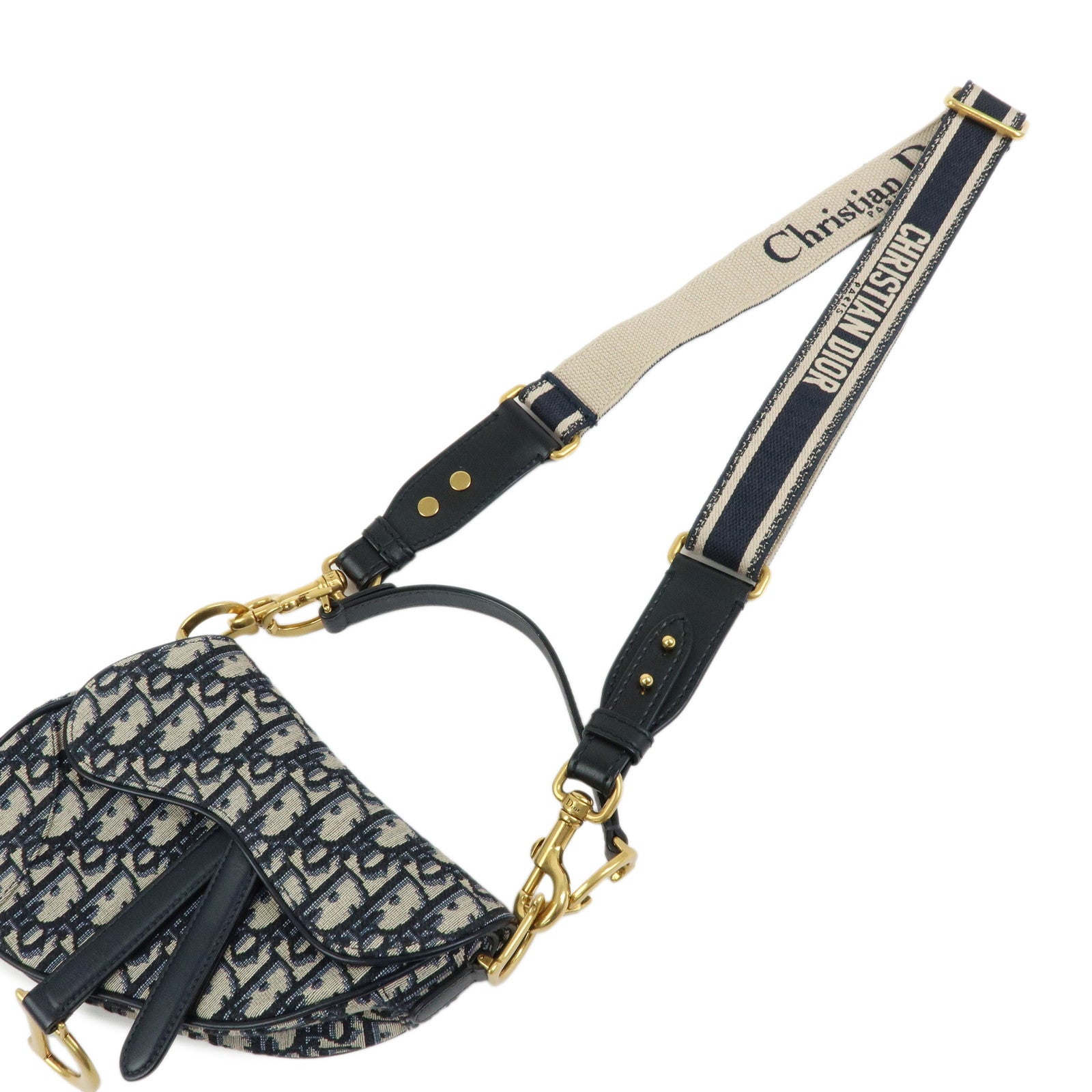 Christian Dior Saddle Bag Oblique Mini Jaquard Leather 2Way Bag Navy