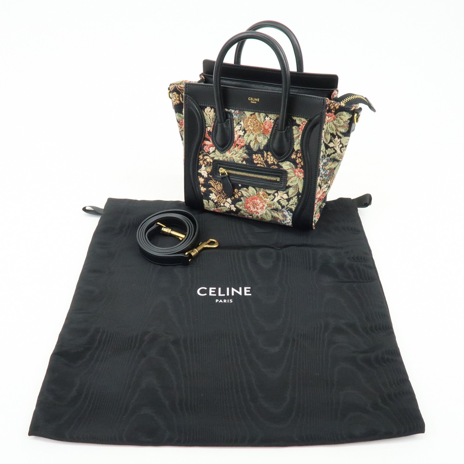 CELINE Luggage Jaquard Canvas Leathre Flower 2Way Shoulder Bag Black