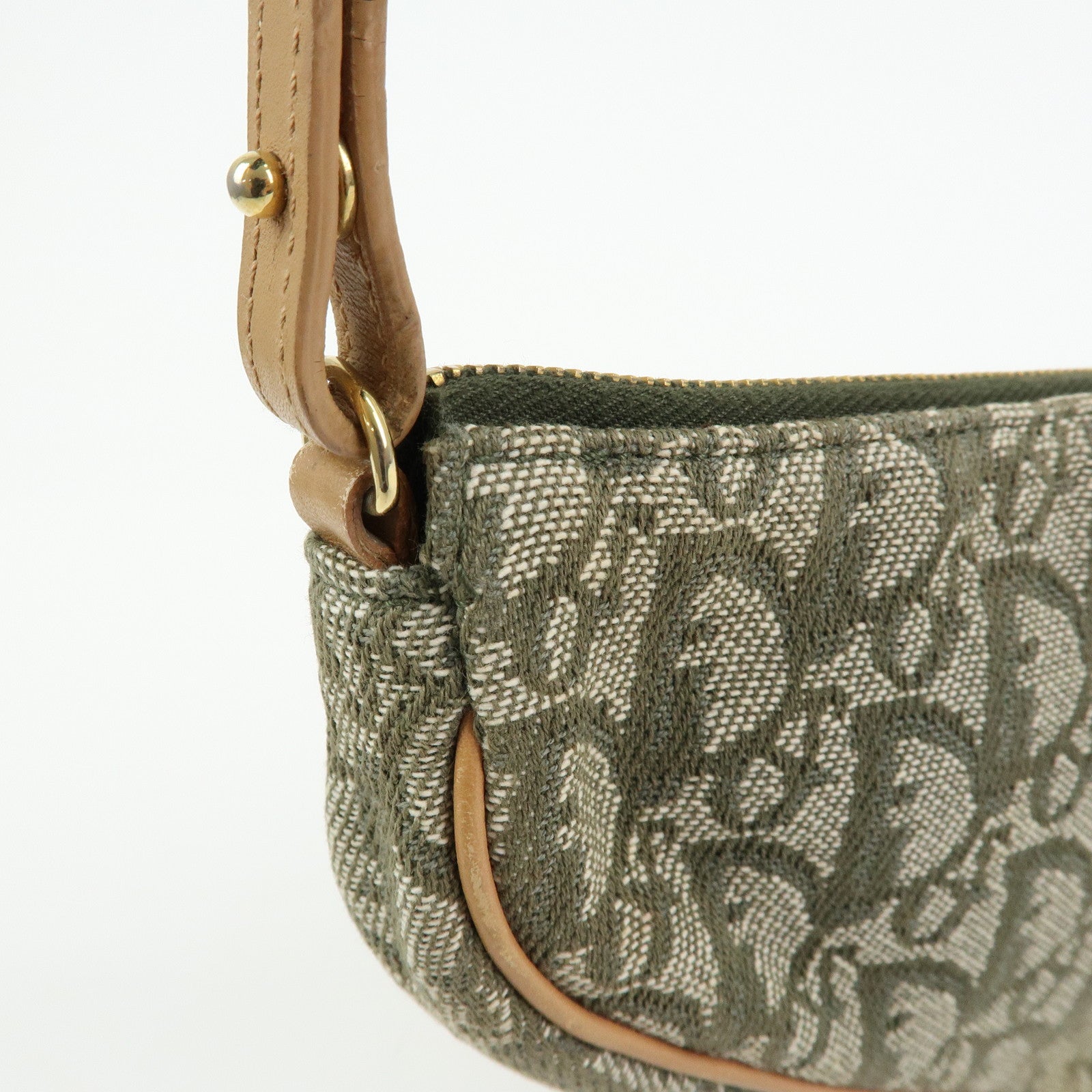 Christian Dior Trotter Saddle Jacquard Canvas Hand Bag Green Beige