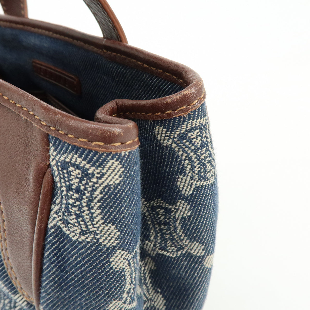 CELINE Paris Macadam Denim Leather Mini Tote Hand Bag Navy Brown