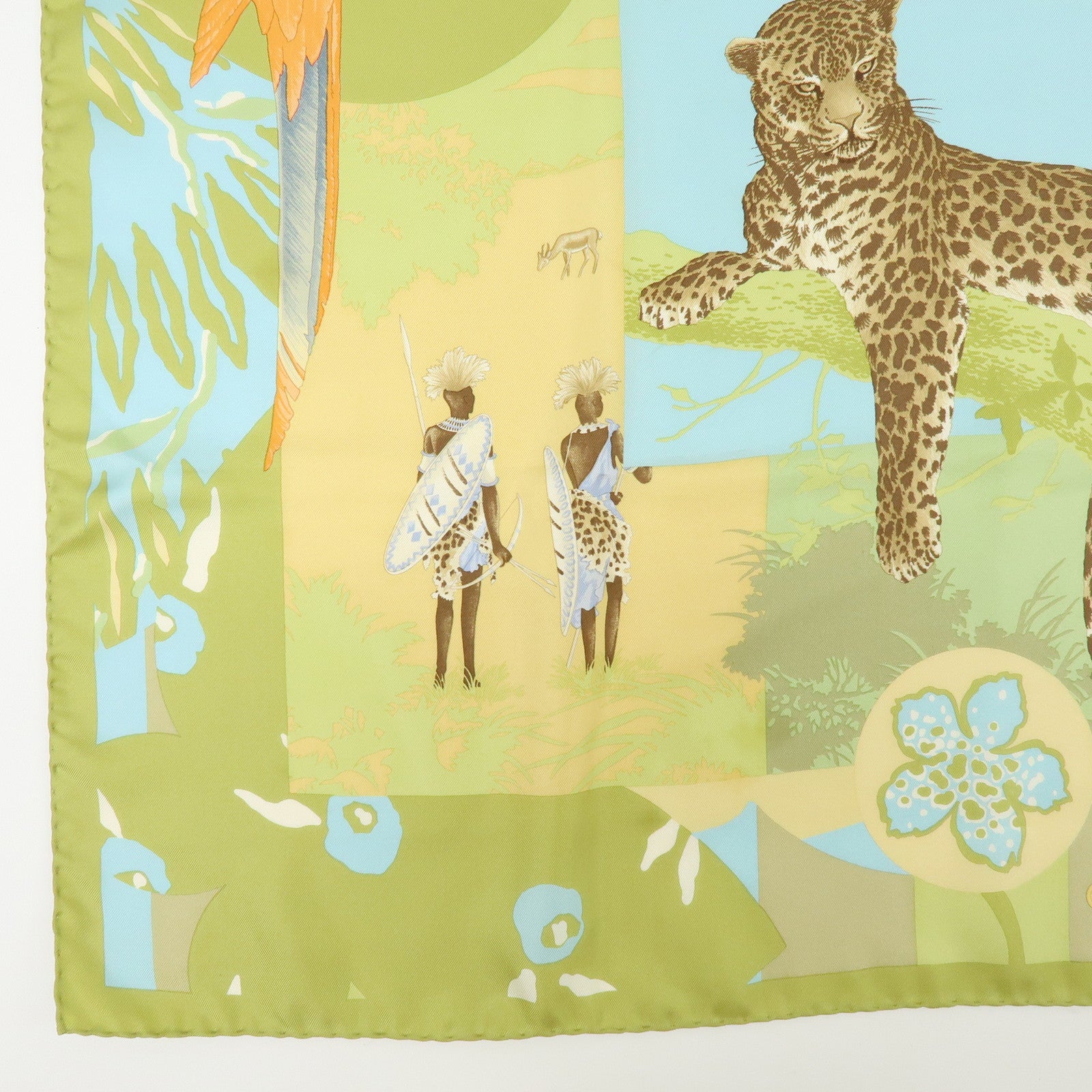Ferragamo Set of 2 Silk 100% Scarf Tiger Elephant Print Light Green