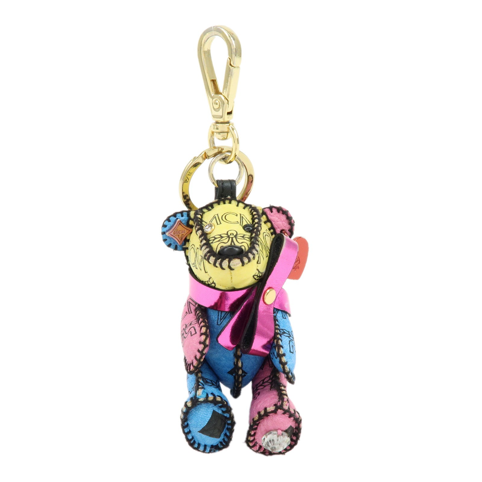 MCM Visetos Bear Leather Bag Charm Key Chain Yellow Pink Blue
