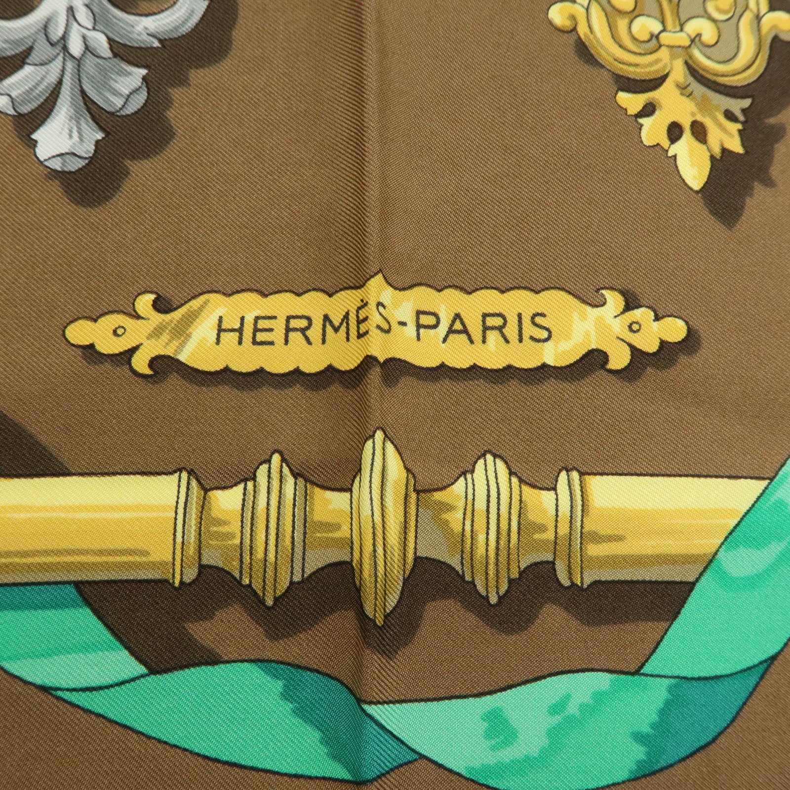 HERMES Carre 90 Silk 100% Scarf Ferronnerie Brown Gold