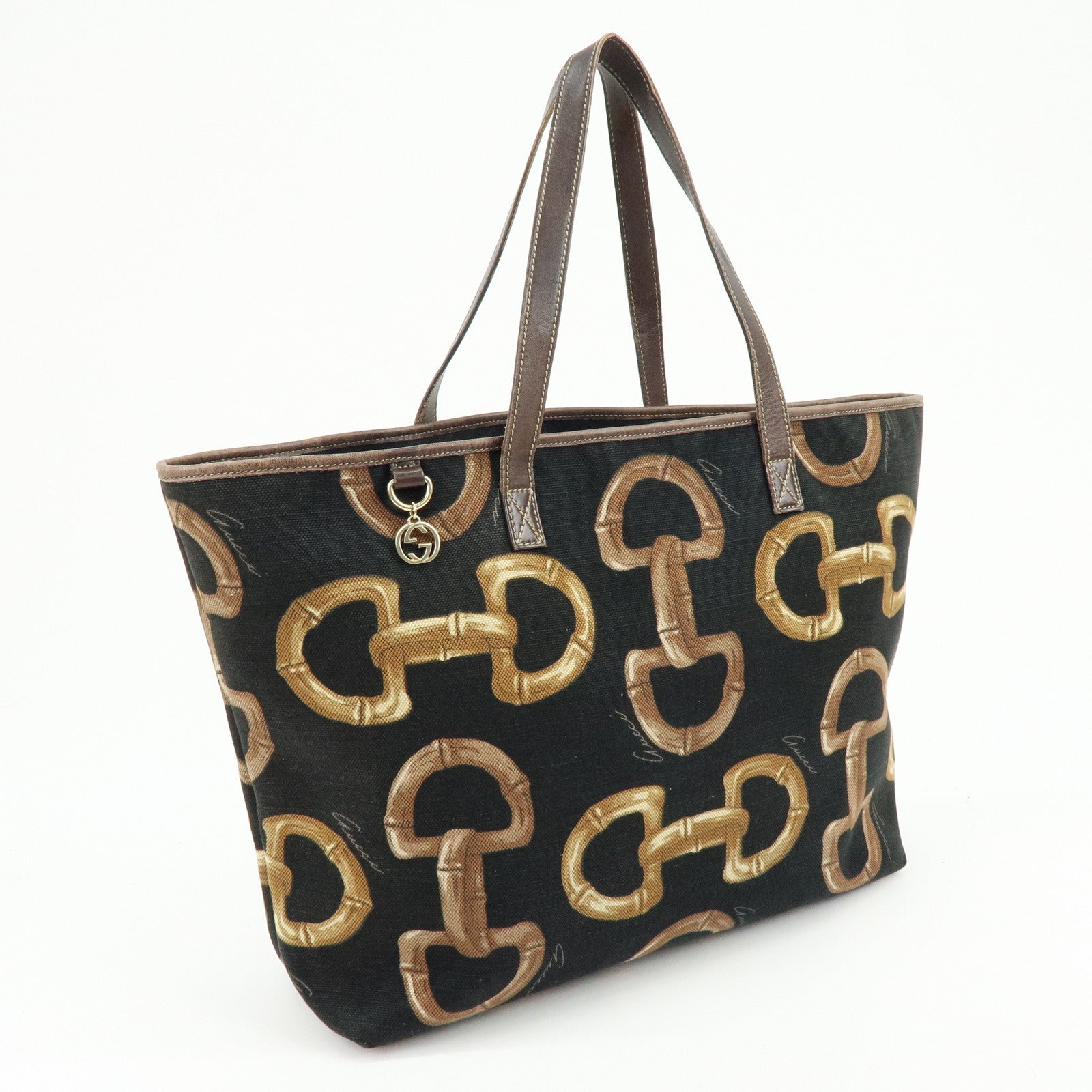 GUCCI Horsebit Interlocking G Canvas Leather Tote Bag Black 154402