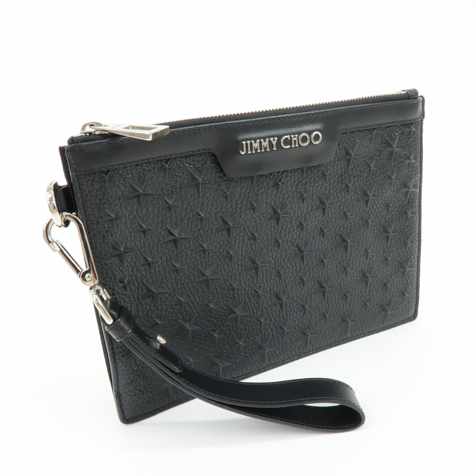 JIMMY CHOO Leather Star Embossed Studs Clutch Bag  Wristlet Pouch Black