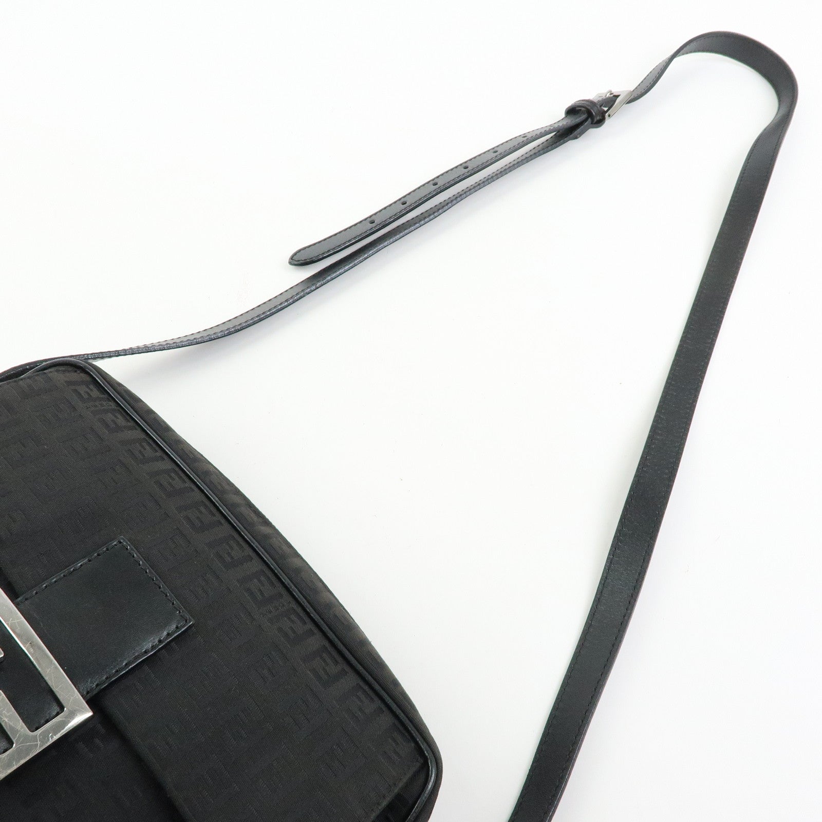 FENDI Zucchino Jacquard Canvas Leather Shoulder Bag Black 8BT117