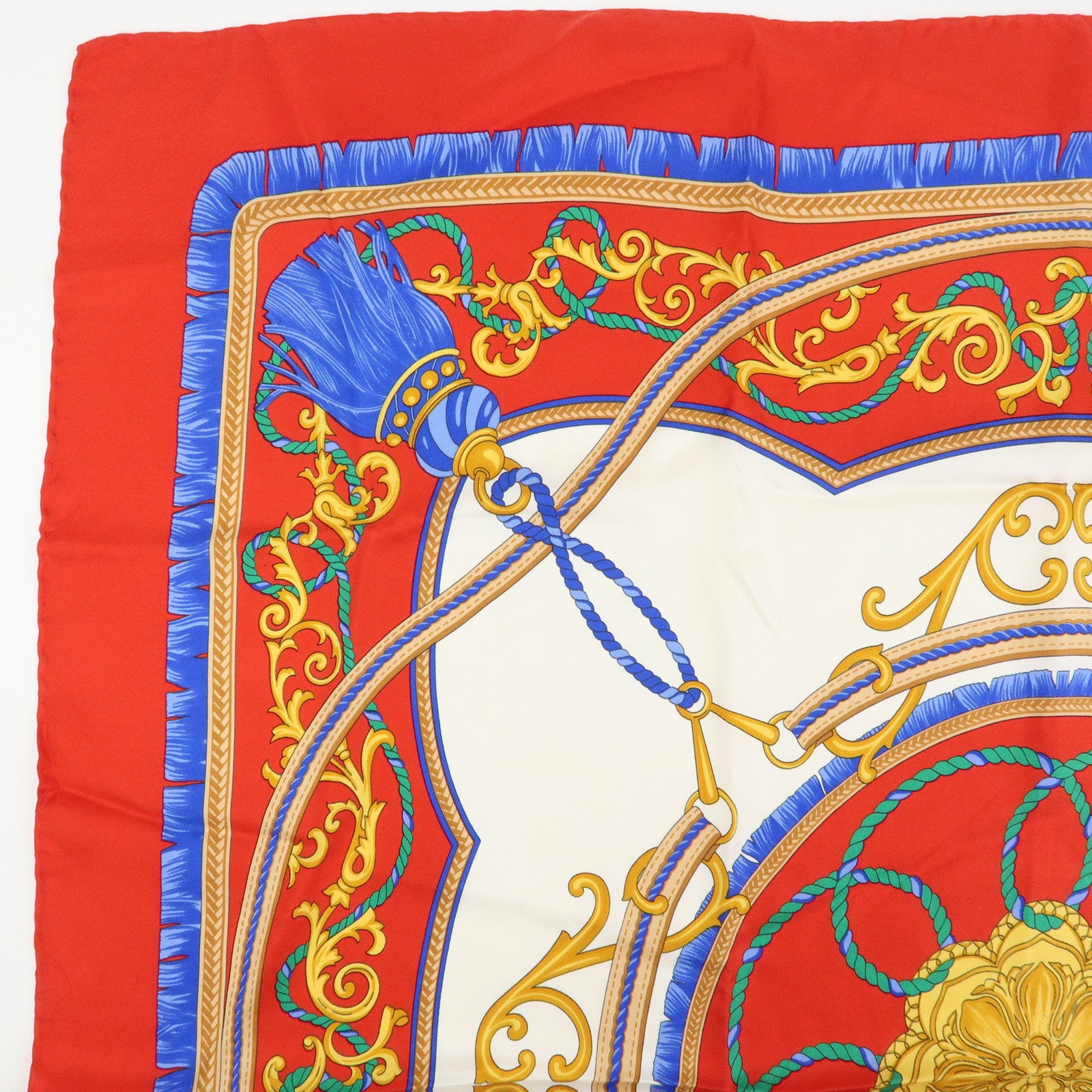 CELINE Silk100% Tassel Chain Print Scarf Shawl Blue Red Yellow
