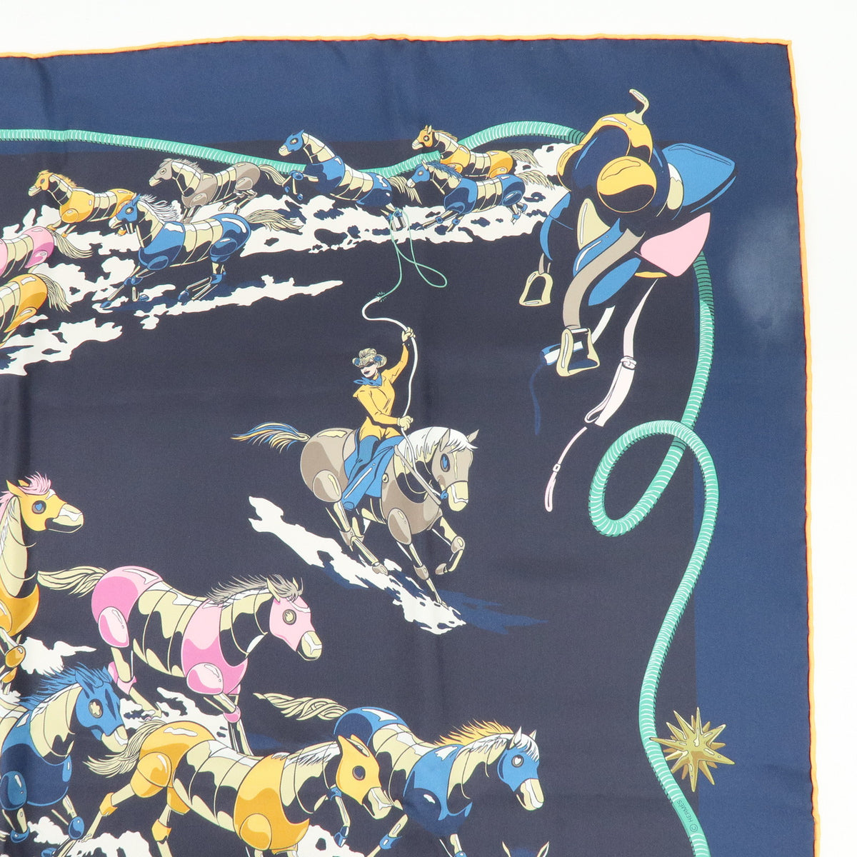 HERMES Carre Double Face 90 Silk 100% Scarf Les Mustangs Marble Navy