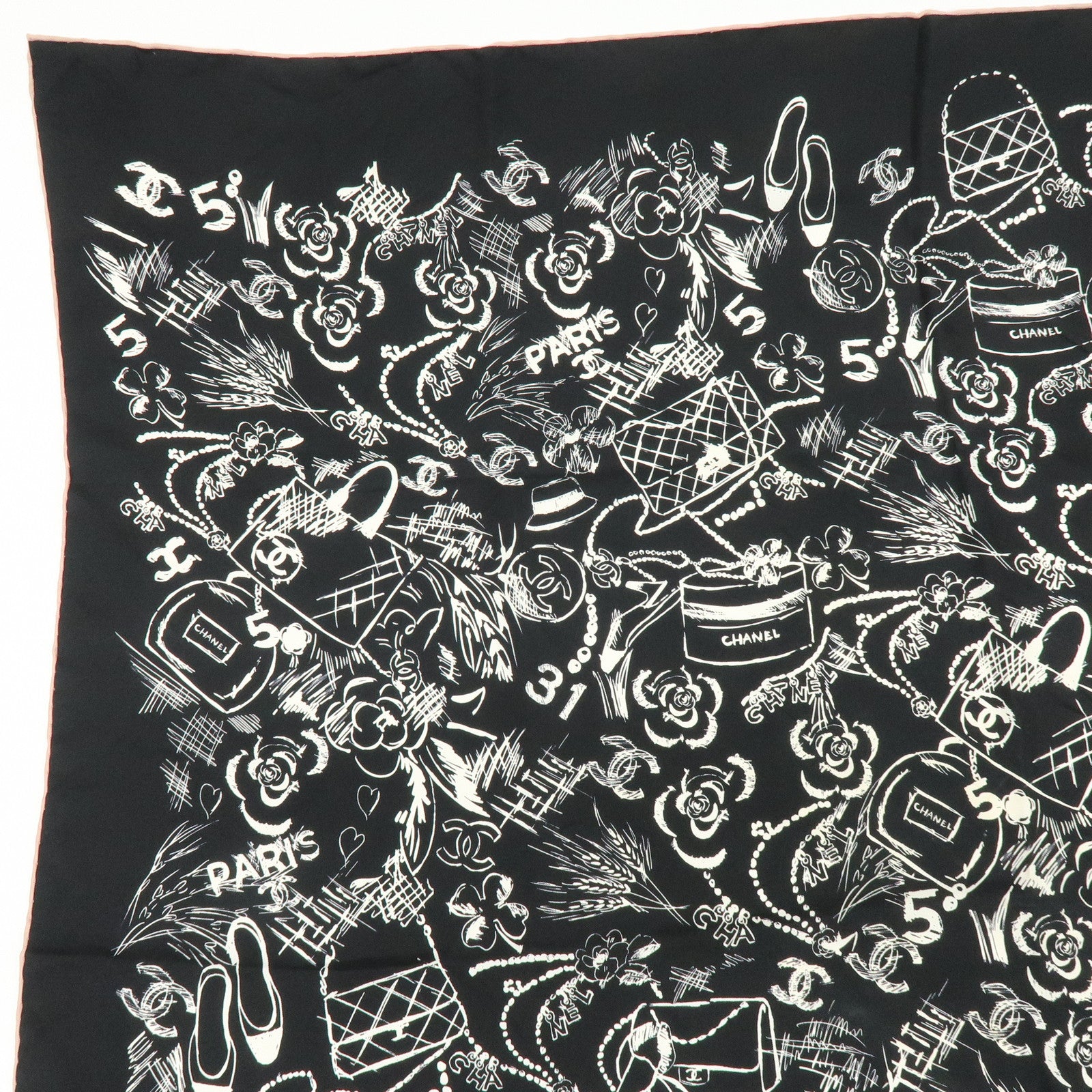 CHANEL Silk 100% Scarf Iconographic Pattern Black White Pink