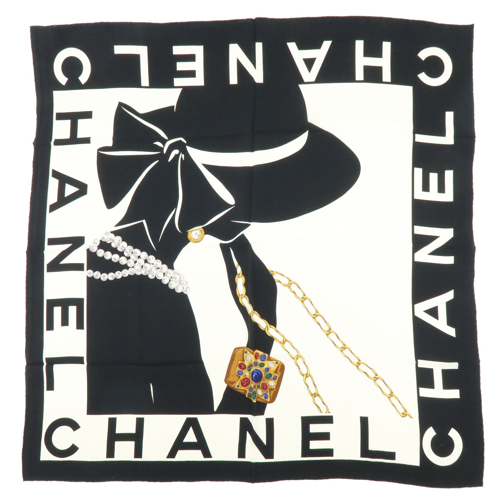 CHANEL Logo Silk 100% Scarf Women Jewel Design Black White Gold