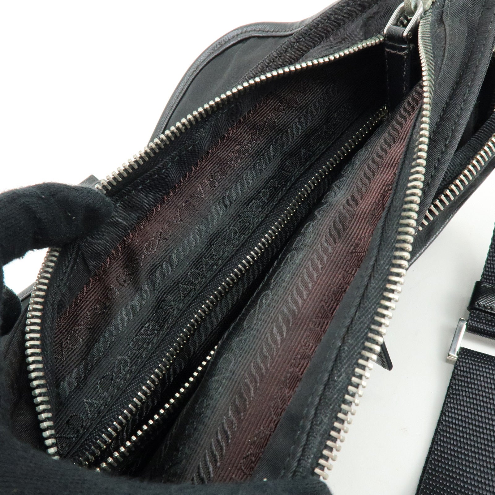 PRADA Triangle Logo Nylon Saffiano Leather Shoulder Bag Black BT0464