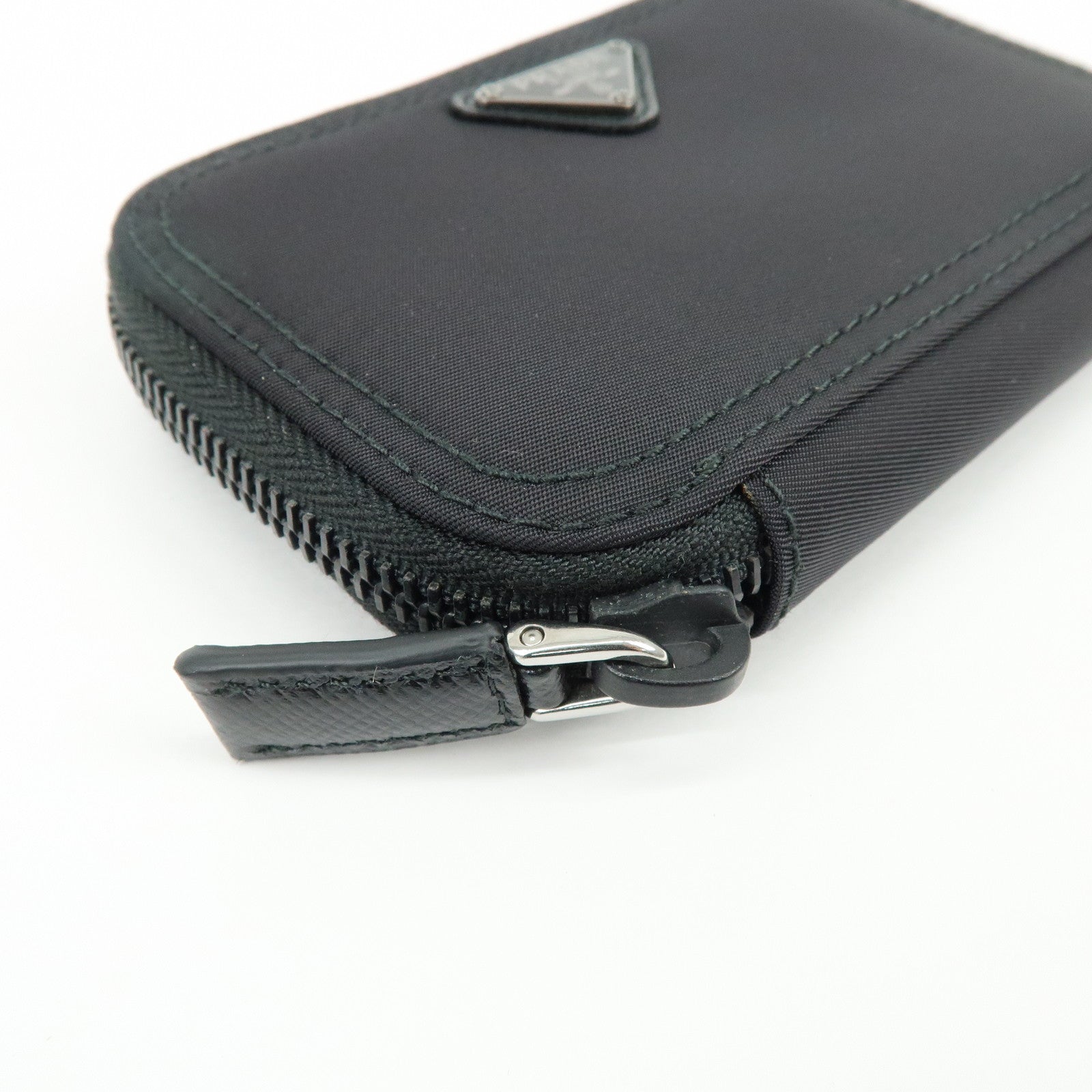 PRADA Triangle Logo Nylon Saffiano Leather Zippy Key Case Black 2PG003