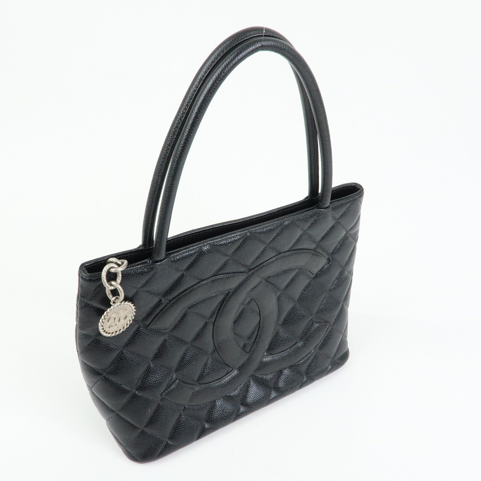 CHANEL Matelasse COCO Mark Caviarskin Medallion Tote Bag Black A01804