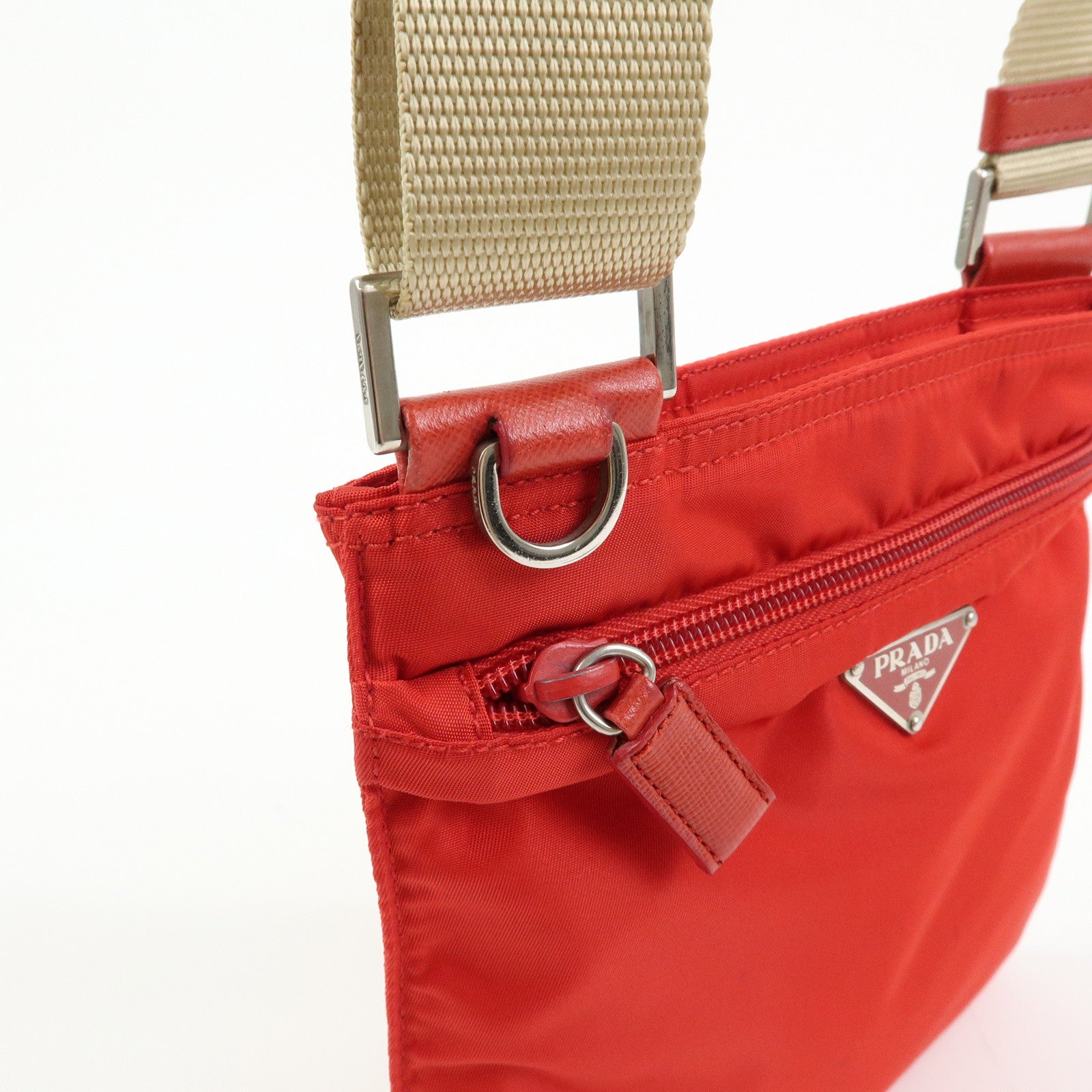 PRADA Triangle Logo Nylon Shoulder Bag Crossbody Bag Red Beige B7372