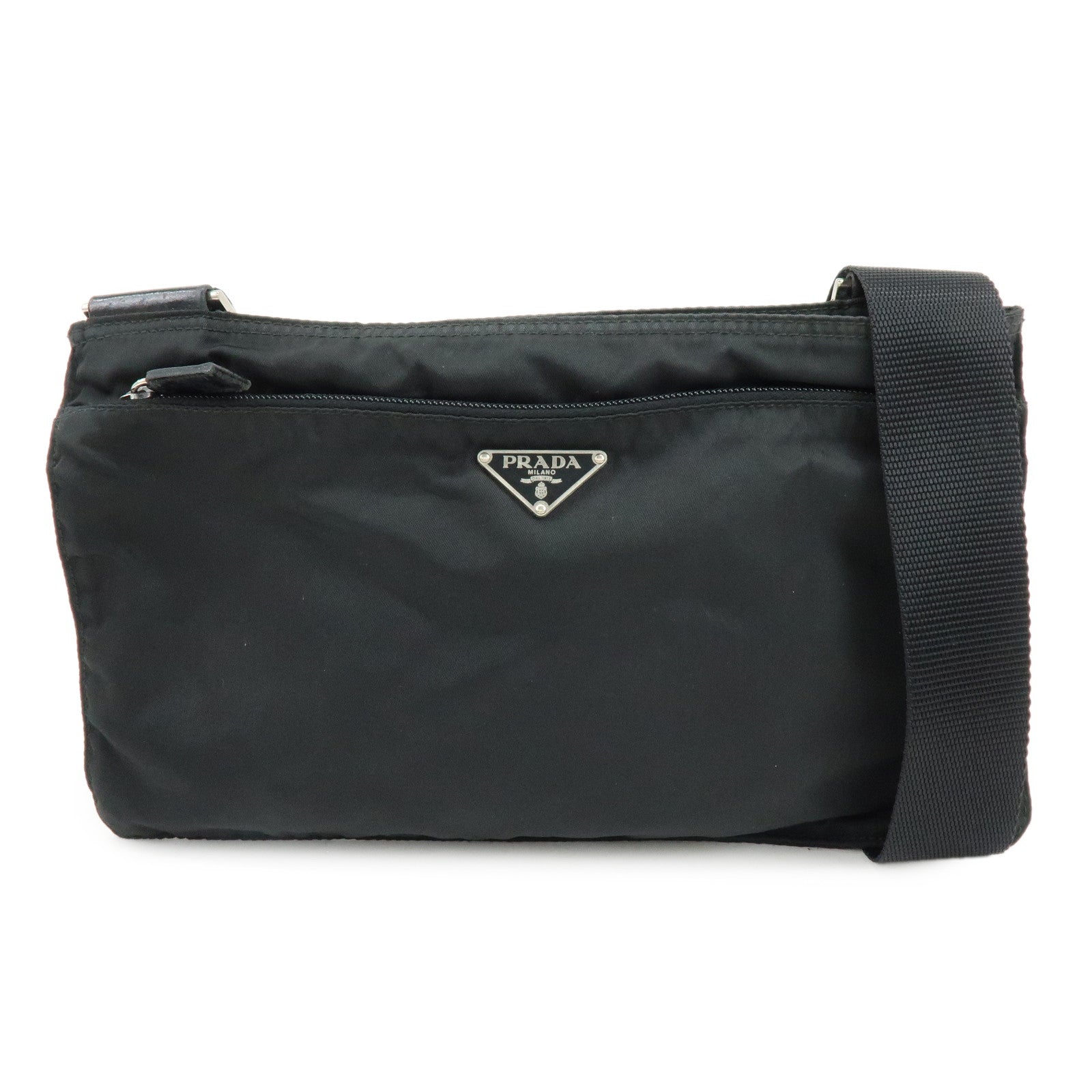 PRADA Triangle Logo Nylon Leather Shoulder Crossbody Bag Black