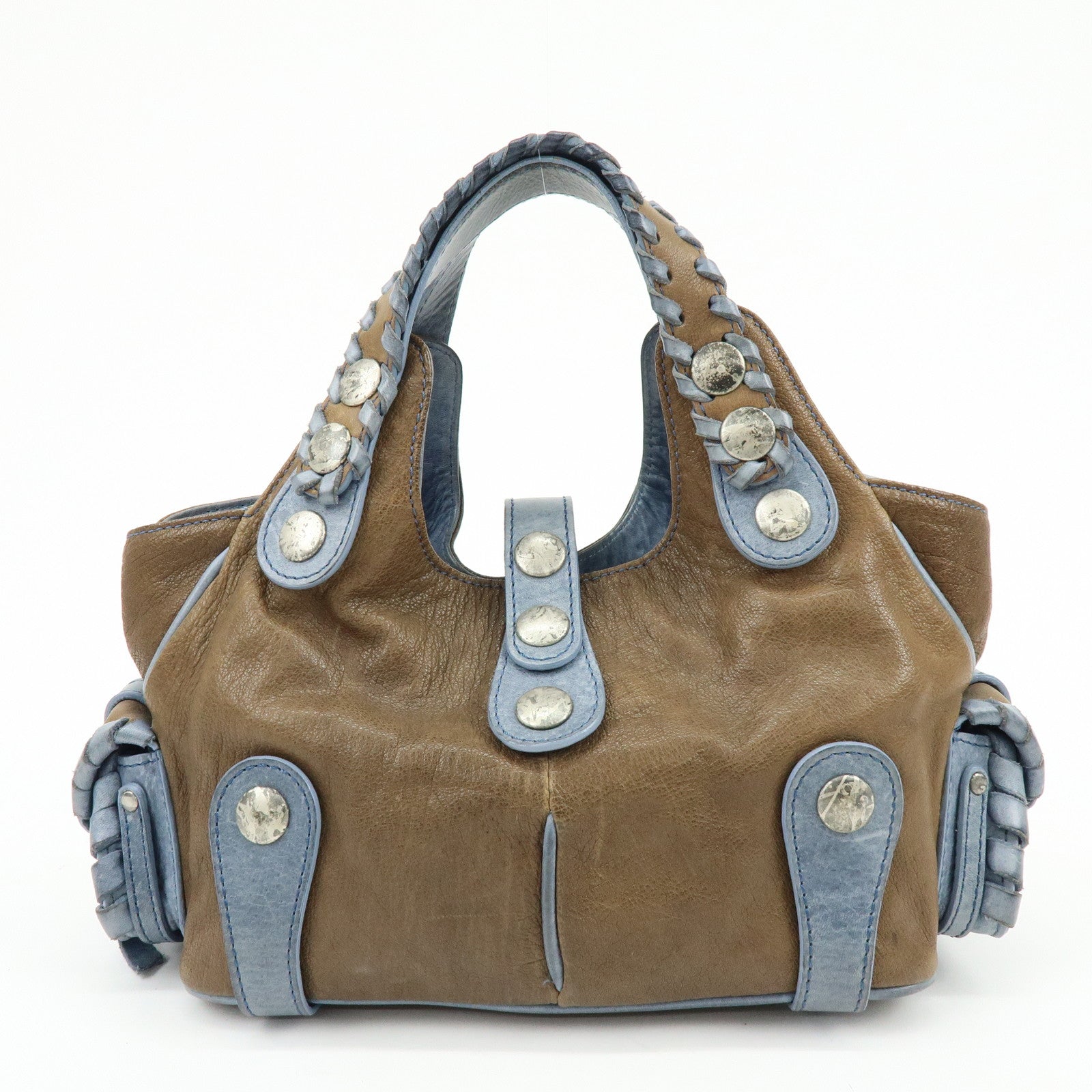 Chloe Silverado Leather Hand Bag Tote Bag Blaided Studs Brown Blue