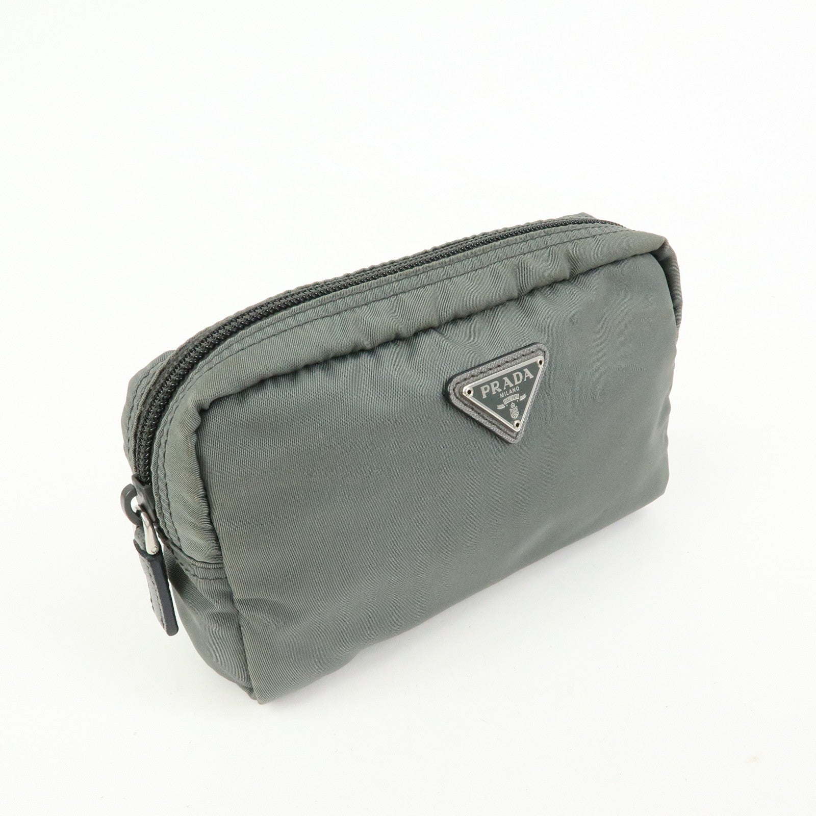 PRADA Triangle Logo Nylon Pouch Cosmetic Case Makeup Case Gray
