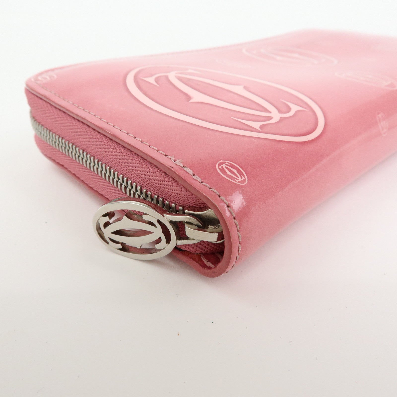 Cartier Happy Birthday Patent Leather Round Zippy Long Wallet Pink