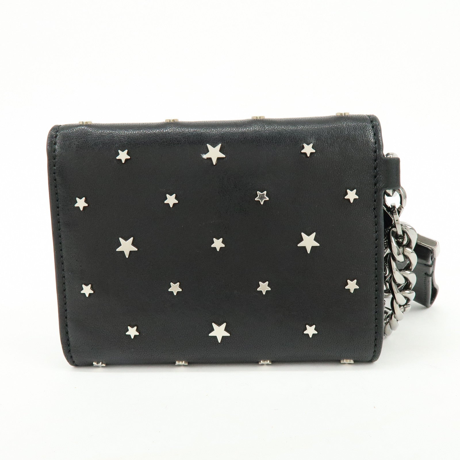Jimmy Choo Leather Tri-fold Chain Wallet Studs Stars Black