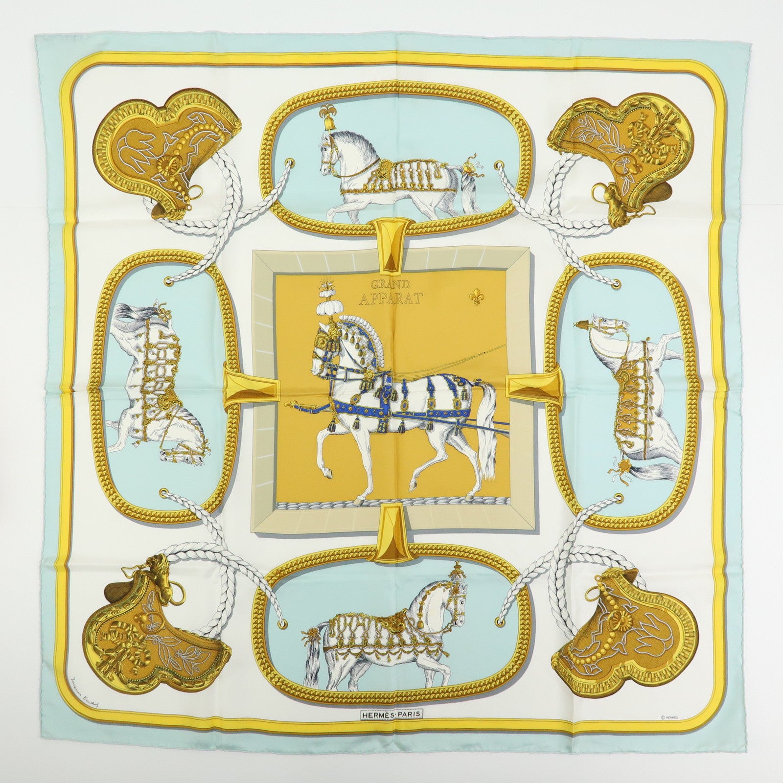 HERMES Set of 2 Carre90 Silk 100% Scarf La MARINE a RAMES/GRAND APPARAT