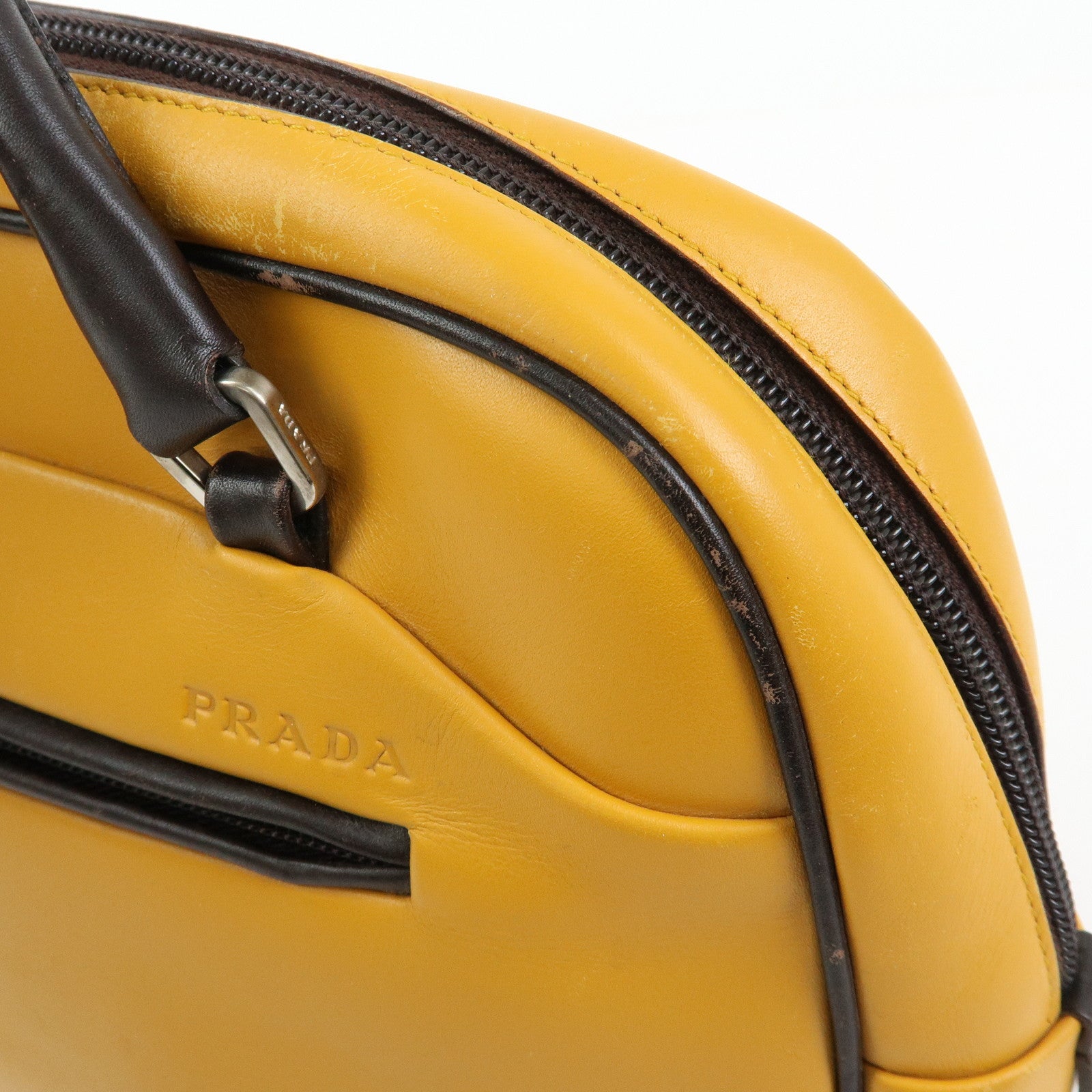 PRADA Leather Bicolor Hand Bag Bowling Bag Yellow Brown