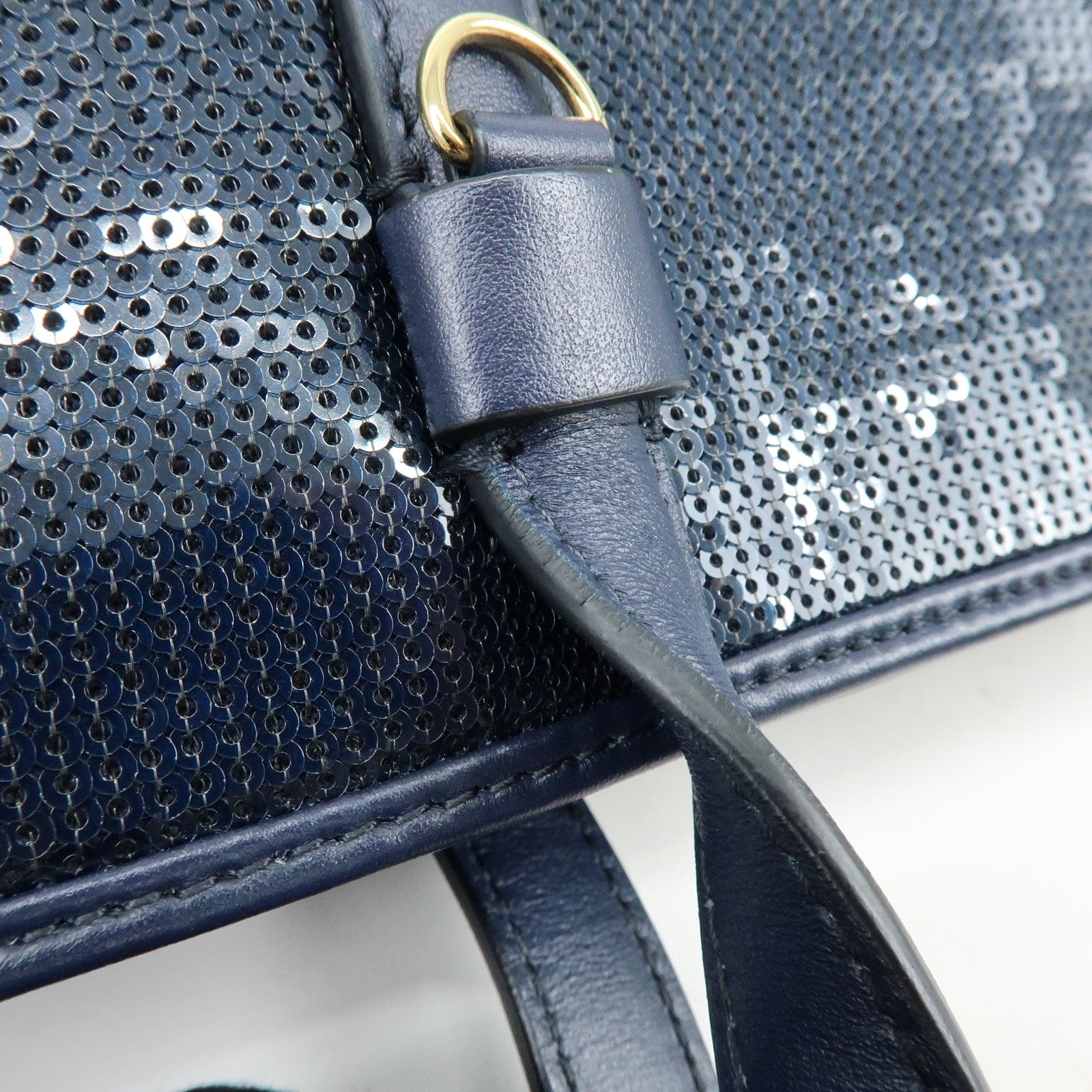 Ferragamo Gancini Sequin Leather Tote Bag Hand Bag Navy