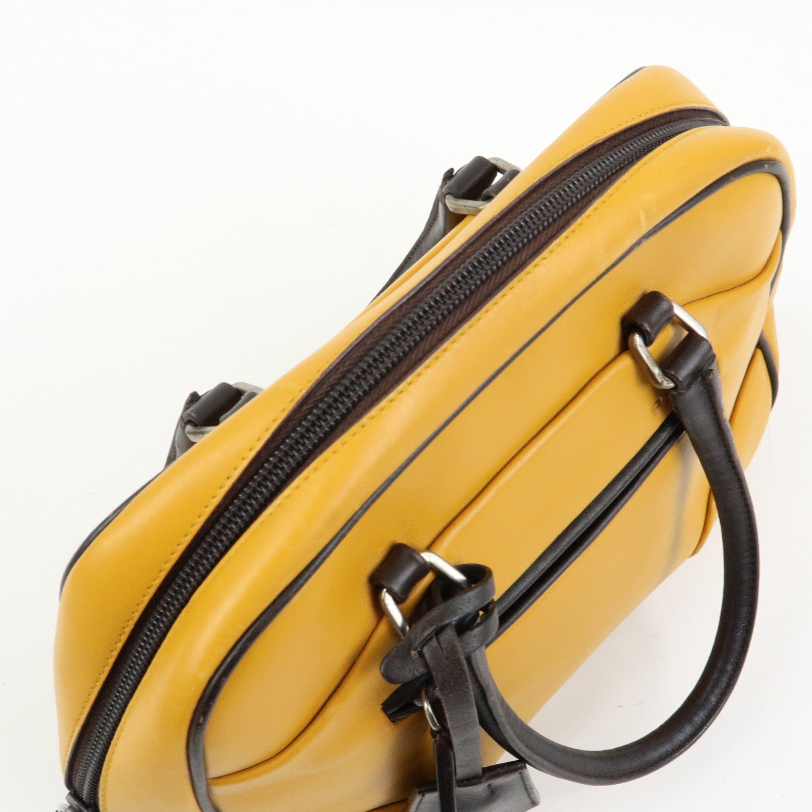 PRADA Leather Bicolor Hand Bag Bowling Bag Yellow Brown