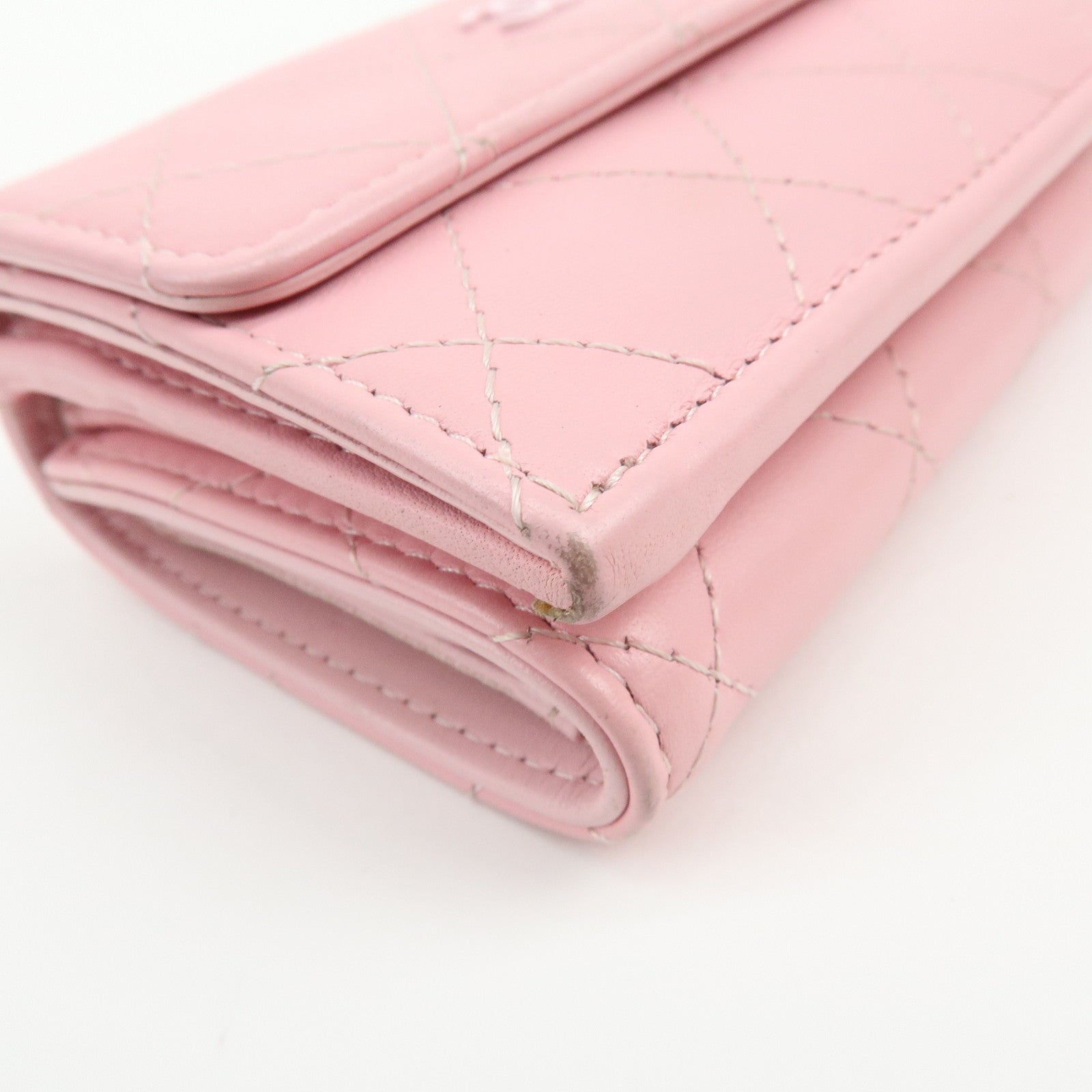 CHANEL COCO Mark Wild Stitch Calf Skin Tri-Fold Compact Wallet Pink
