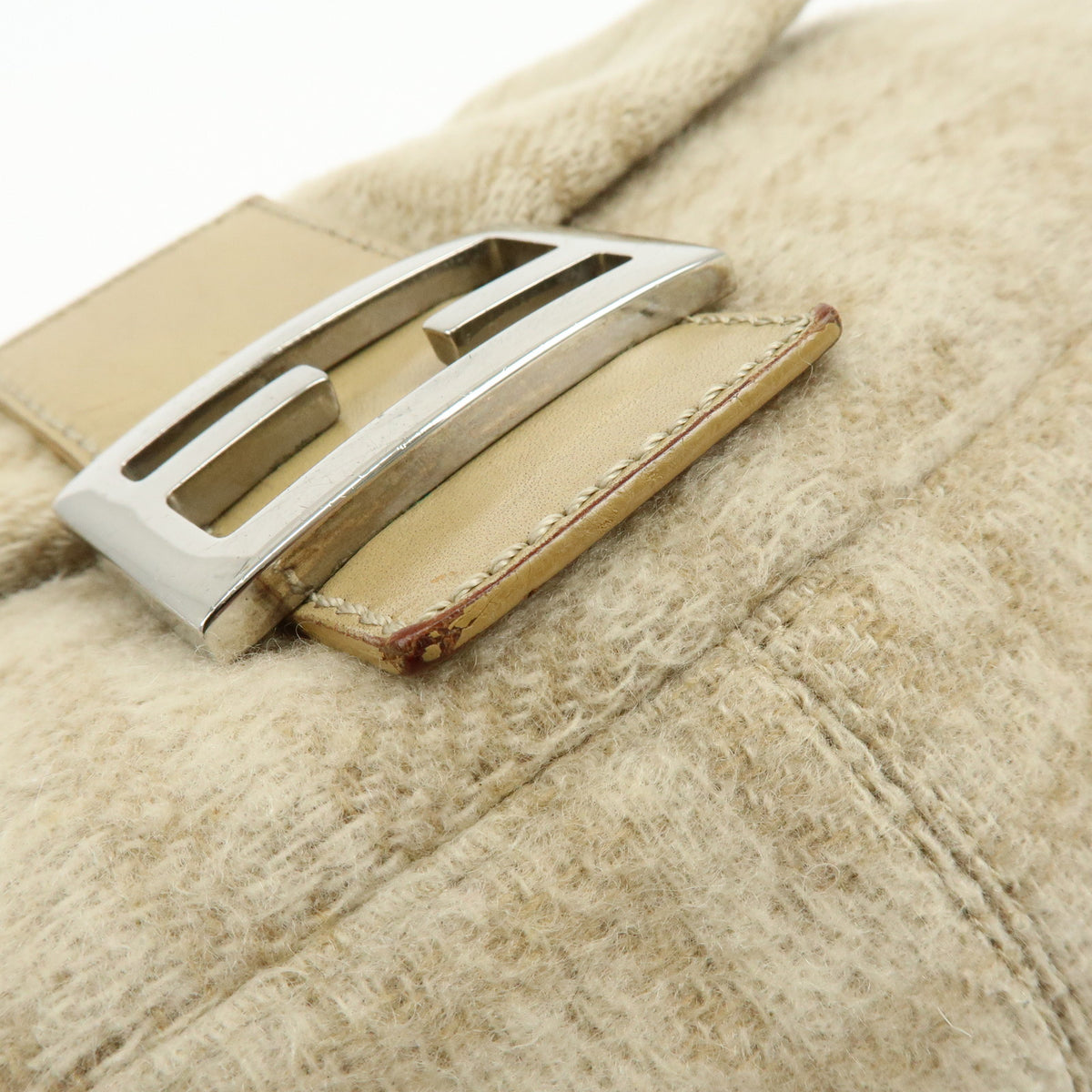 FENDI Mamma Baguette Zucca Wool Leather Shoulder Bag Beige 26325