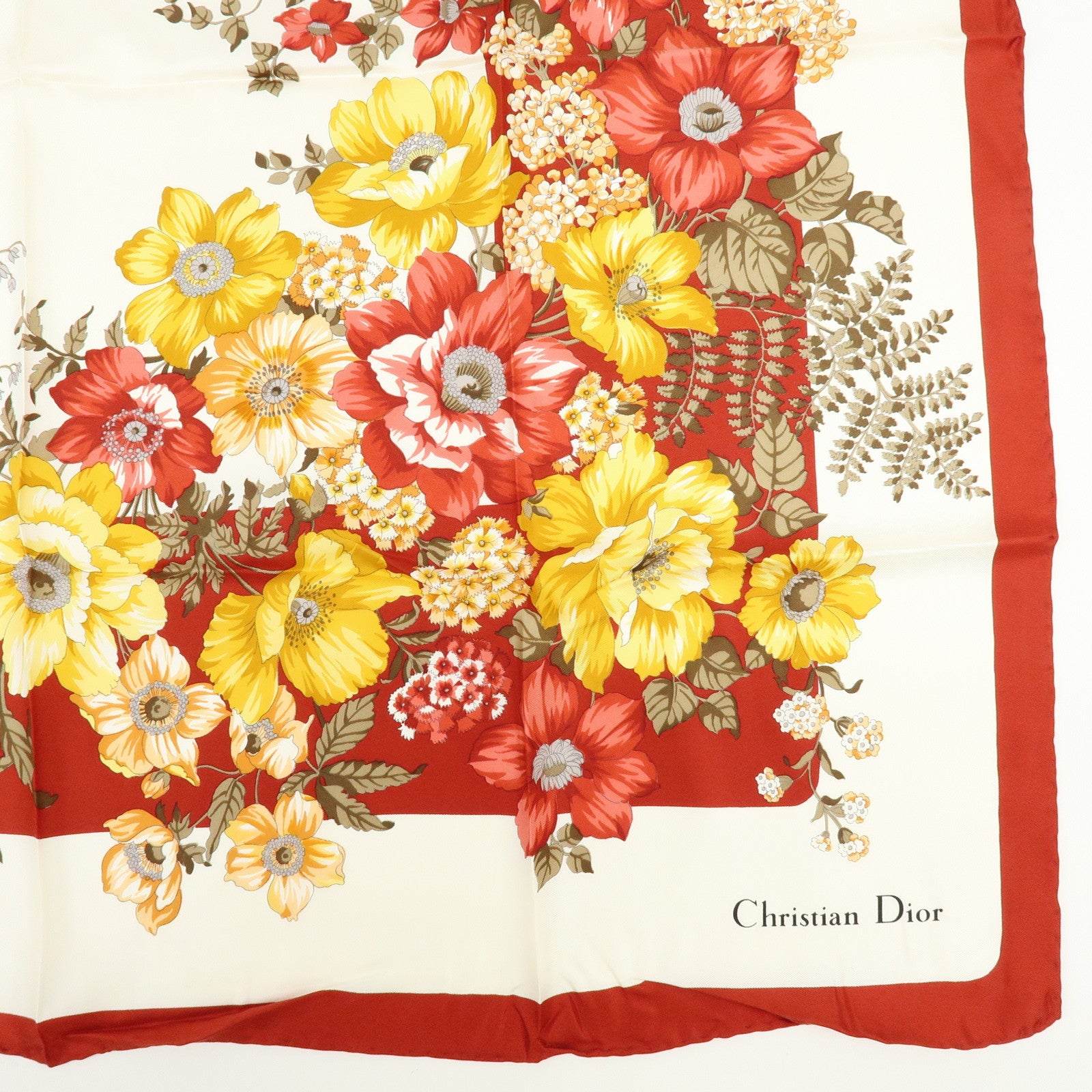 Christian Dior Silk 100％ Scarf Flower Print White Red Yellow