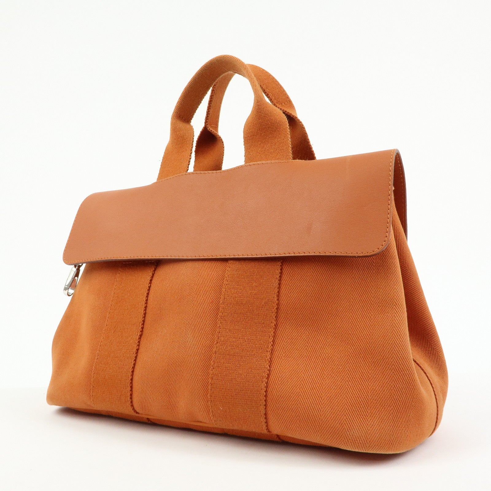 HERMES Valparaiso PM Toile Chevron Leather Tote Bag Hand Bag Orange
