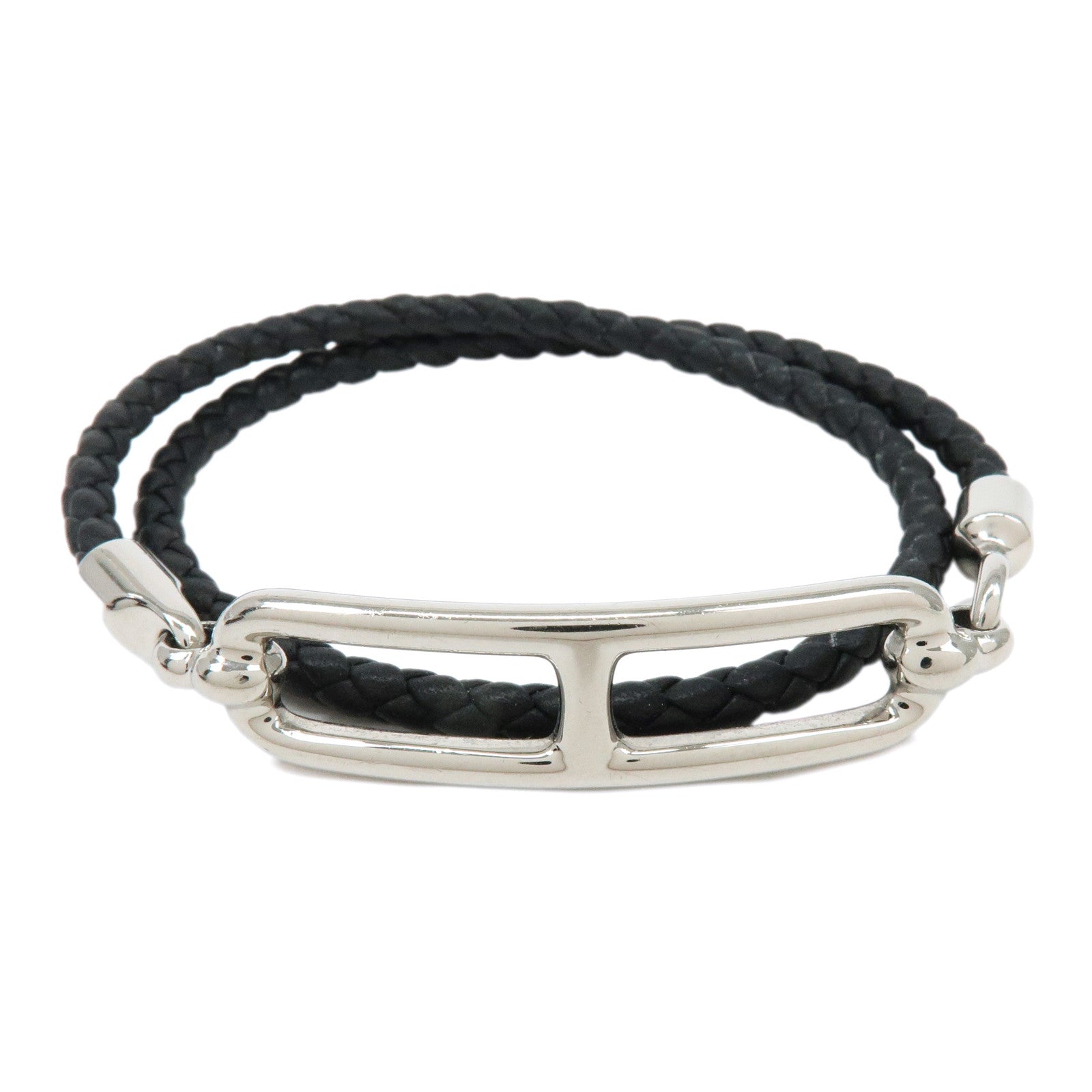 HERMES Veau Swift Leather Roulis Double Tour Bracele Black Silver
