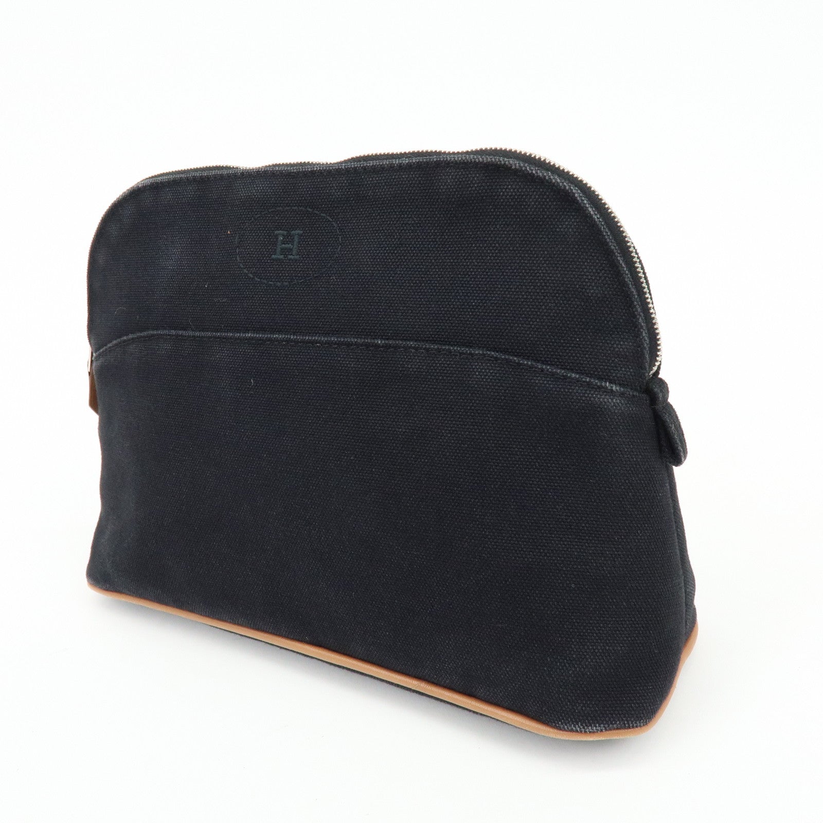 HERMES Bolide Pouch MM Cotton Leather Cosmetic Bag Black Brown