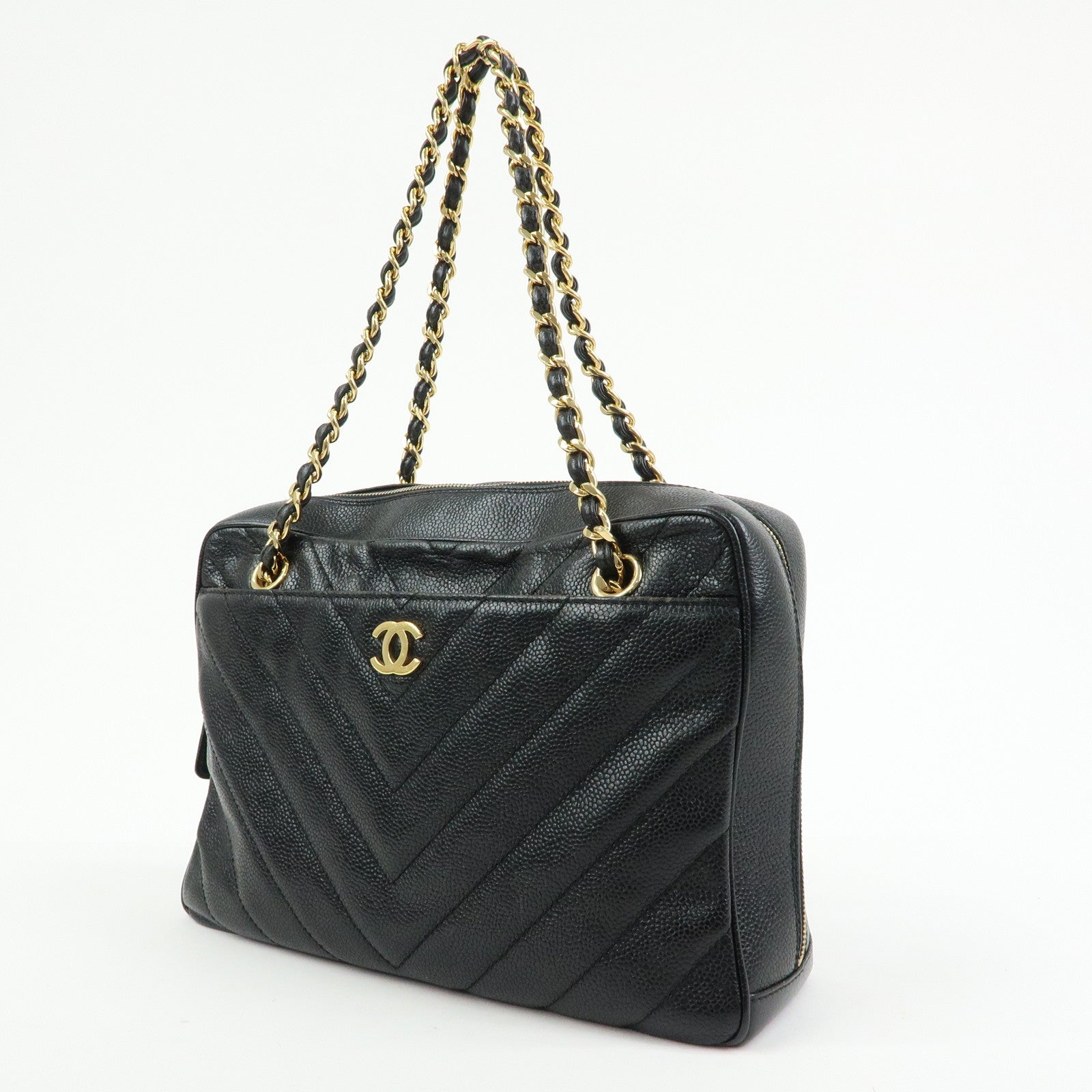 CHANEL Chevron COCO Mark Caviarskin Chain Shoulder Bag  Black