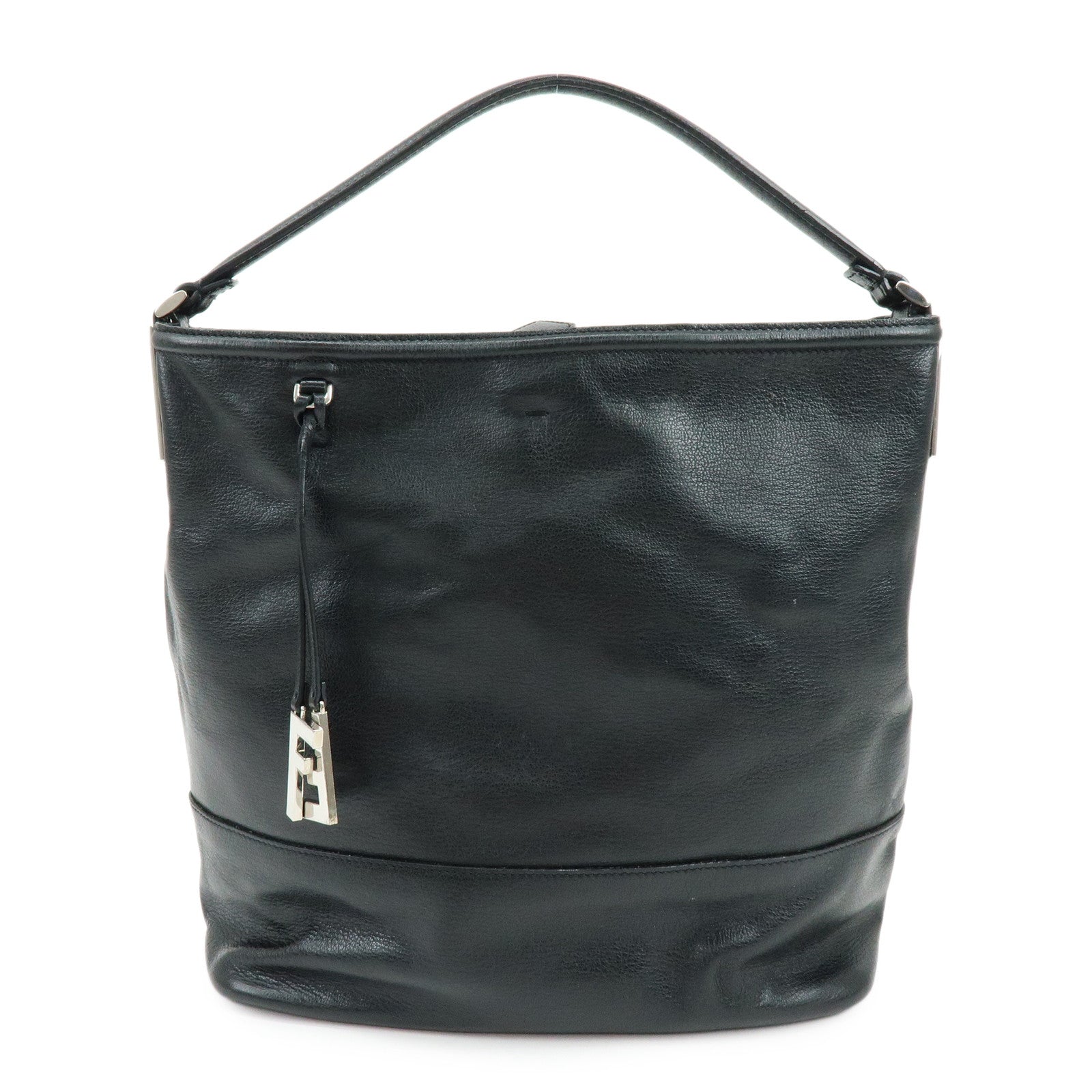 FENDI Leather Shoulder Bag Hand Bag Logo Charm Black 8BR697