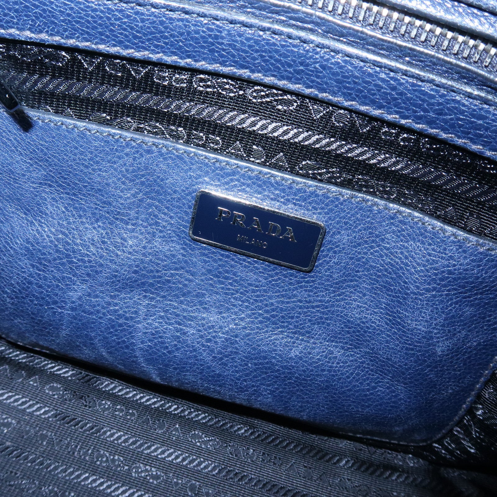 PRADA Triangle Logo Leather 2Way Bag Tote Bag Hand Bag Navy B2625M