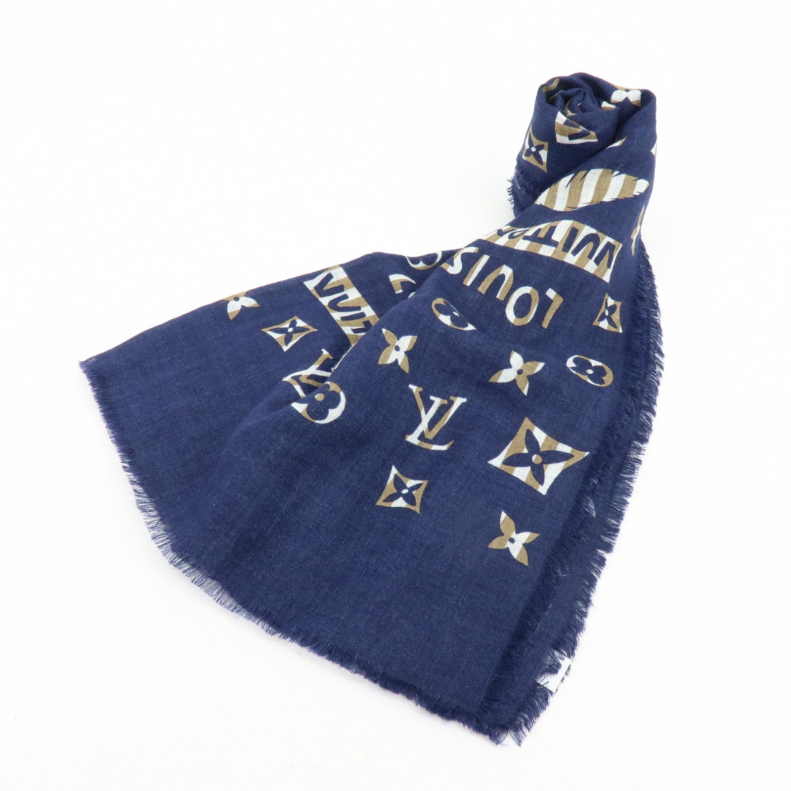 Louis Vuitton Monogram Linen Silk Scarf Shawl Navy Light Brown