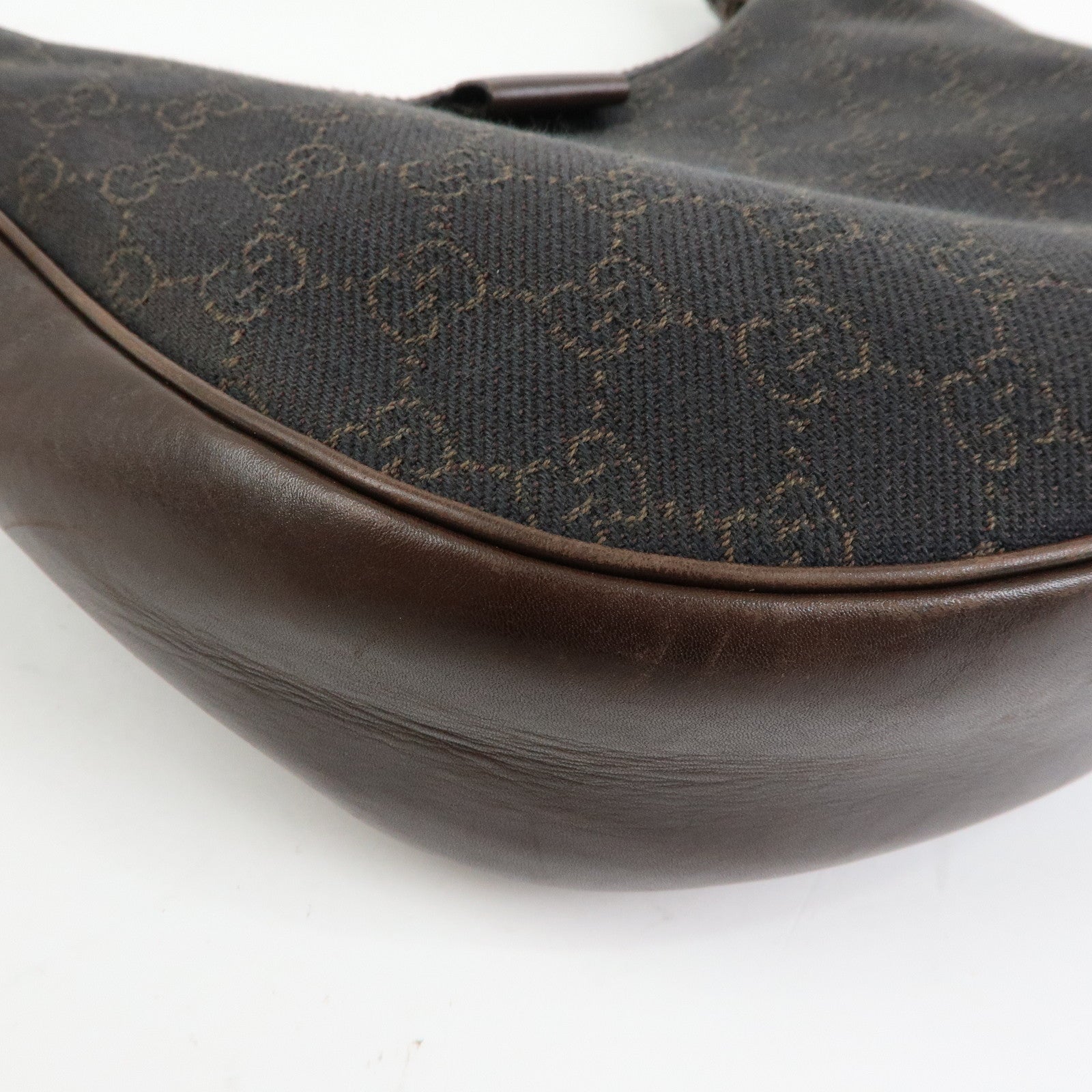 GUCCI GG Denim Leather Half Moon Shoulder Bag Dark Brown 101682