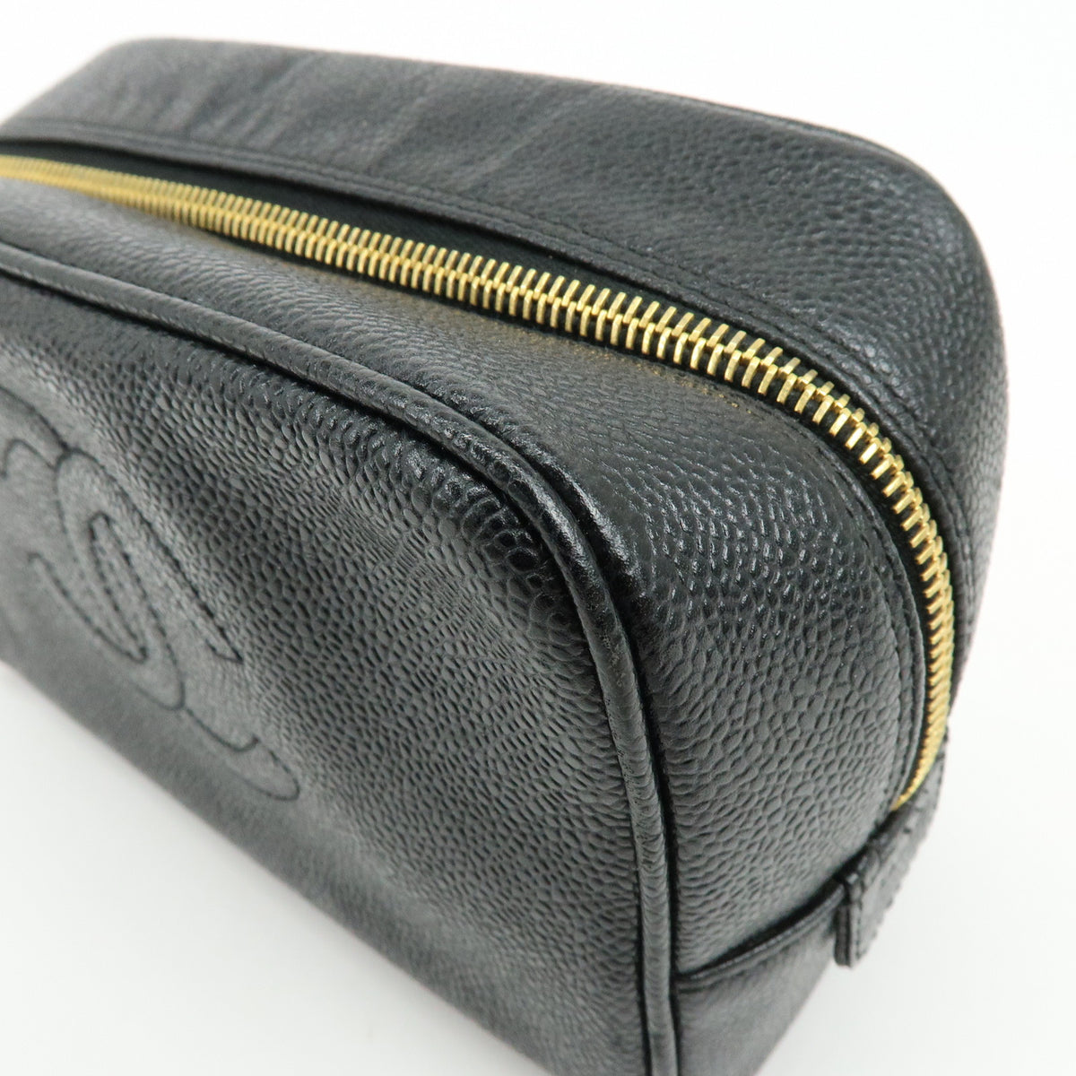 CHANEL COCO Mark Caviarskin Cosmetic Pouch Makeup Case Black