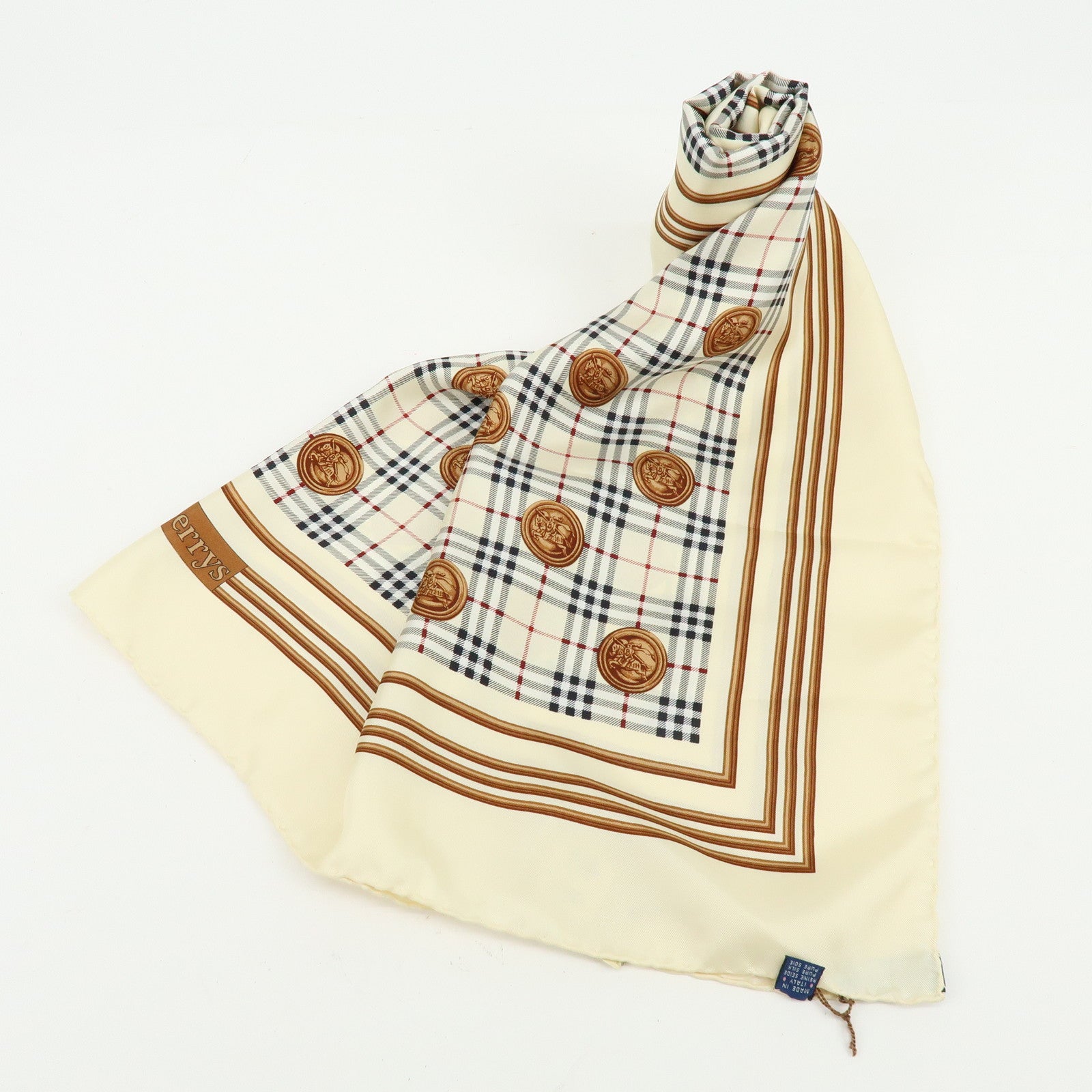 BURBERRY Nova Plaid Silk 100% Scarf Coin Motif Beige Brown