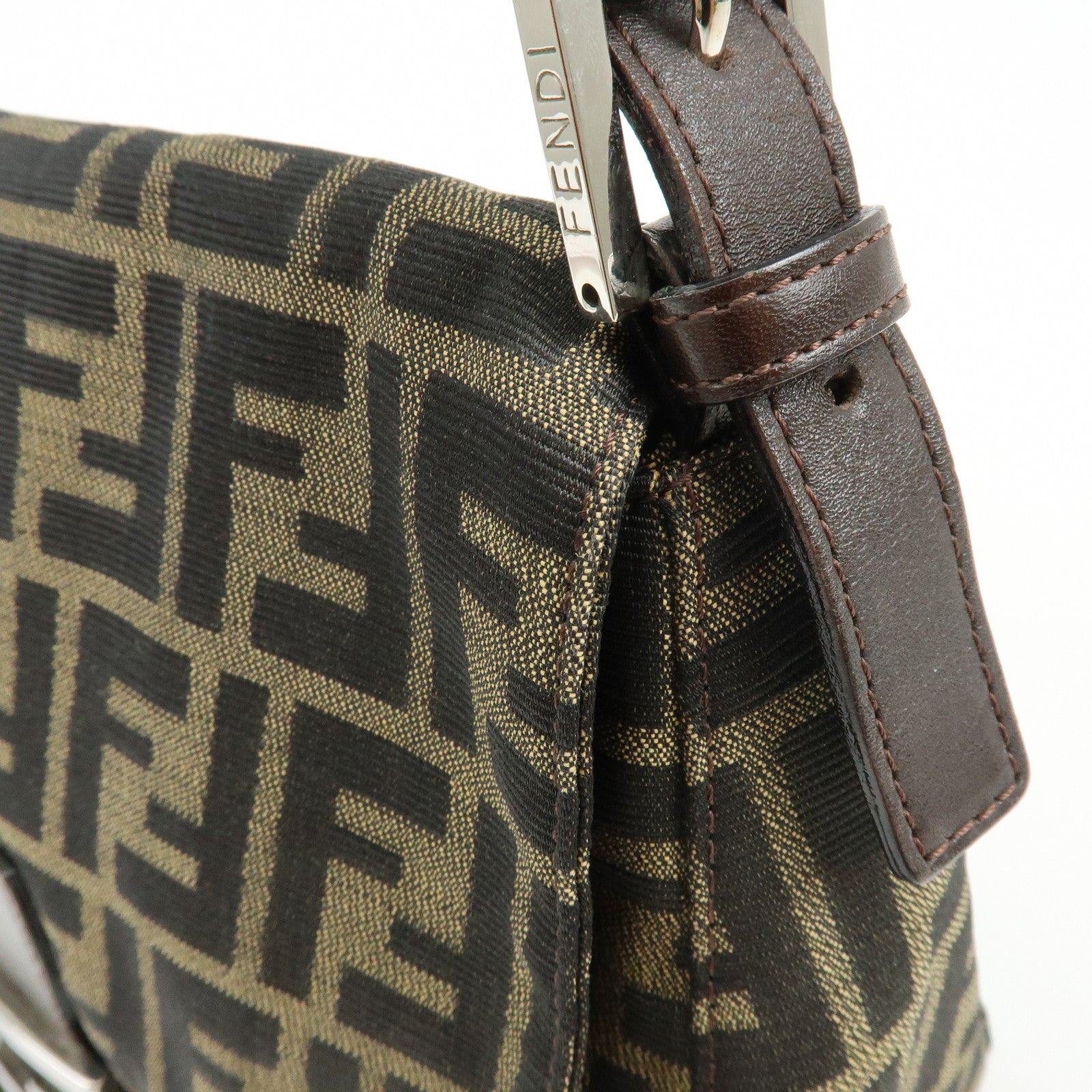 FENDI Mamma Baguette Jacquard Canvas Leather Shoulder Bag Brown 26325