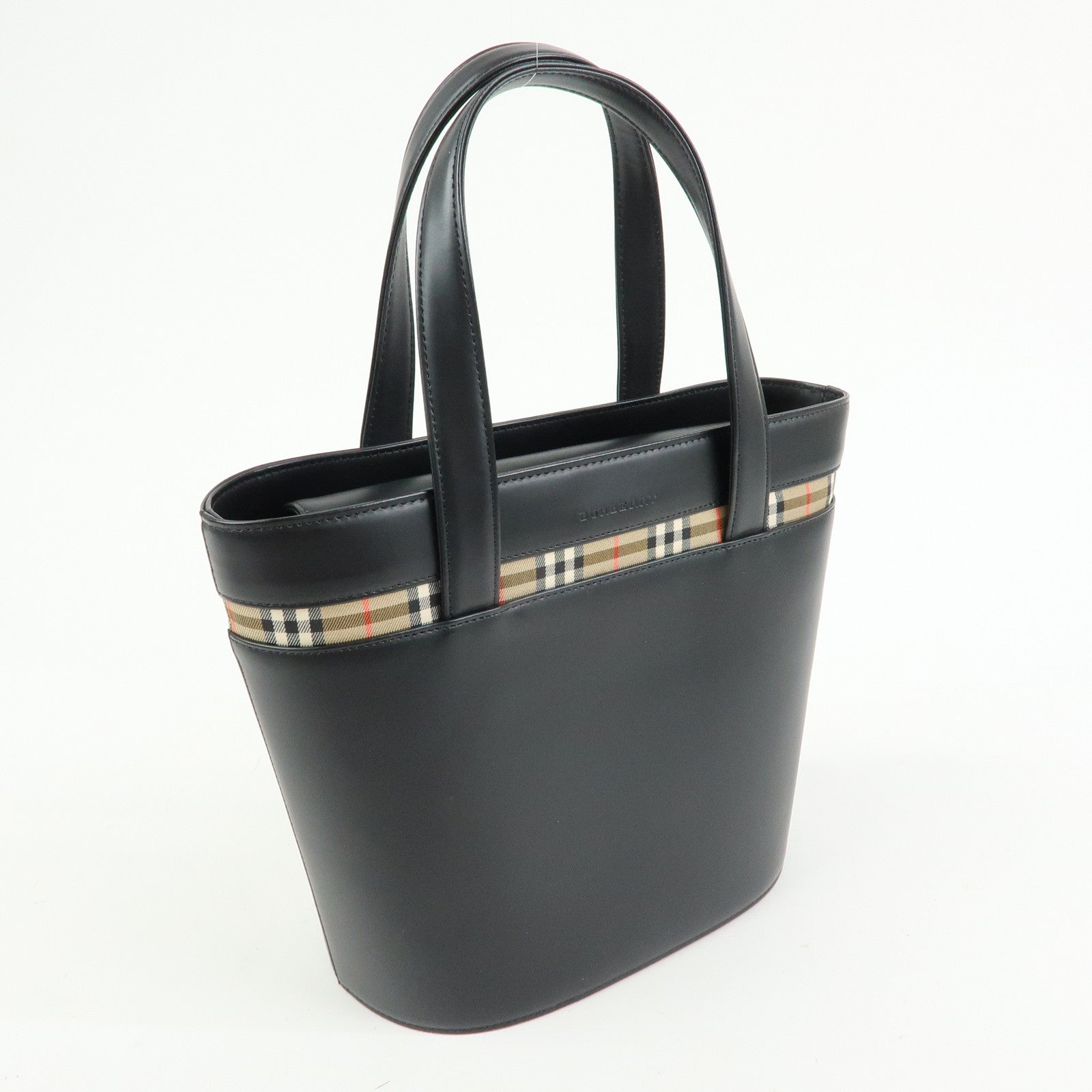 BURBERRY Nova Plaid Leather Canvas Tote Bag Hand Bag Black