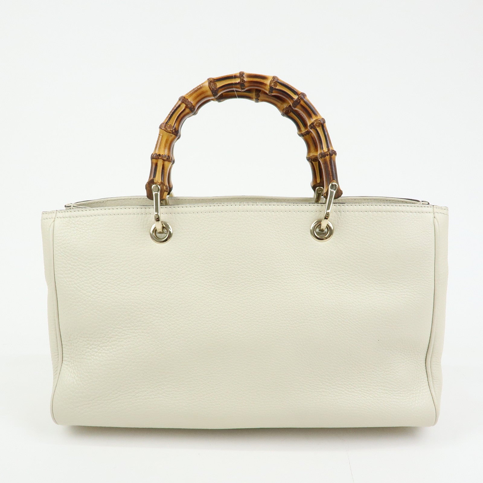 GUCCI Bamboo Shopper Medium Leather 2Way Bag Hand Bag White 323660