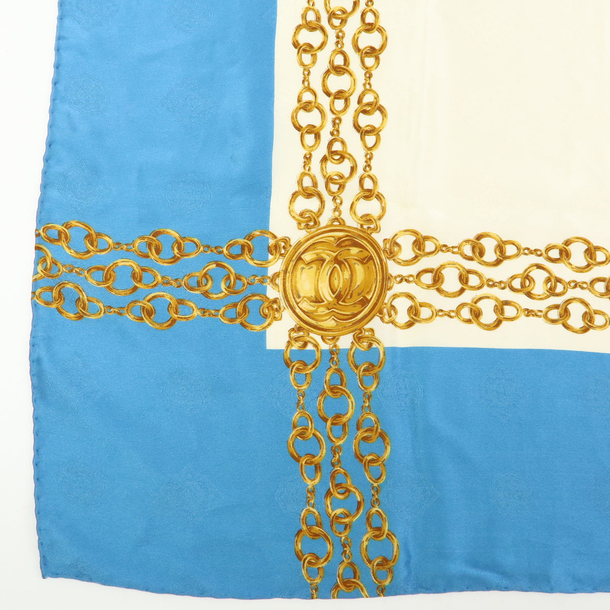 CHANEL Silk 100% Scarf  Gold Chain Motif Light Blue White