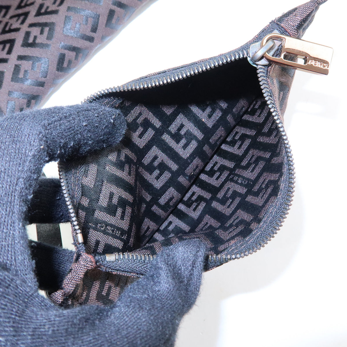 FENDI Zucchino Canvas Leather Tote Bag Black Brown