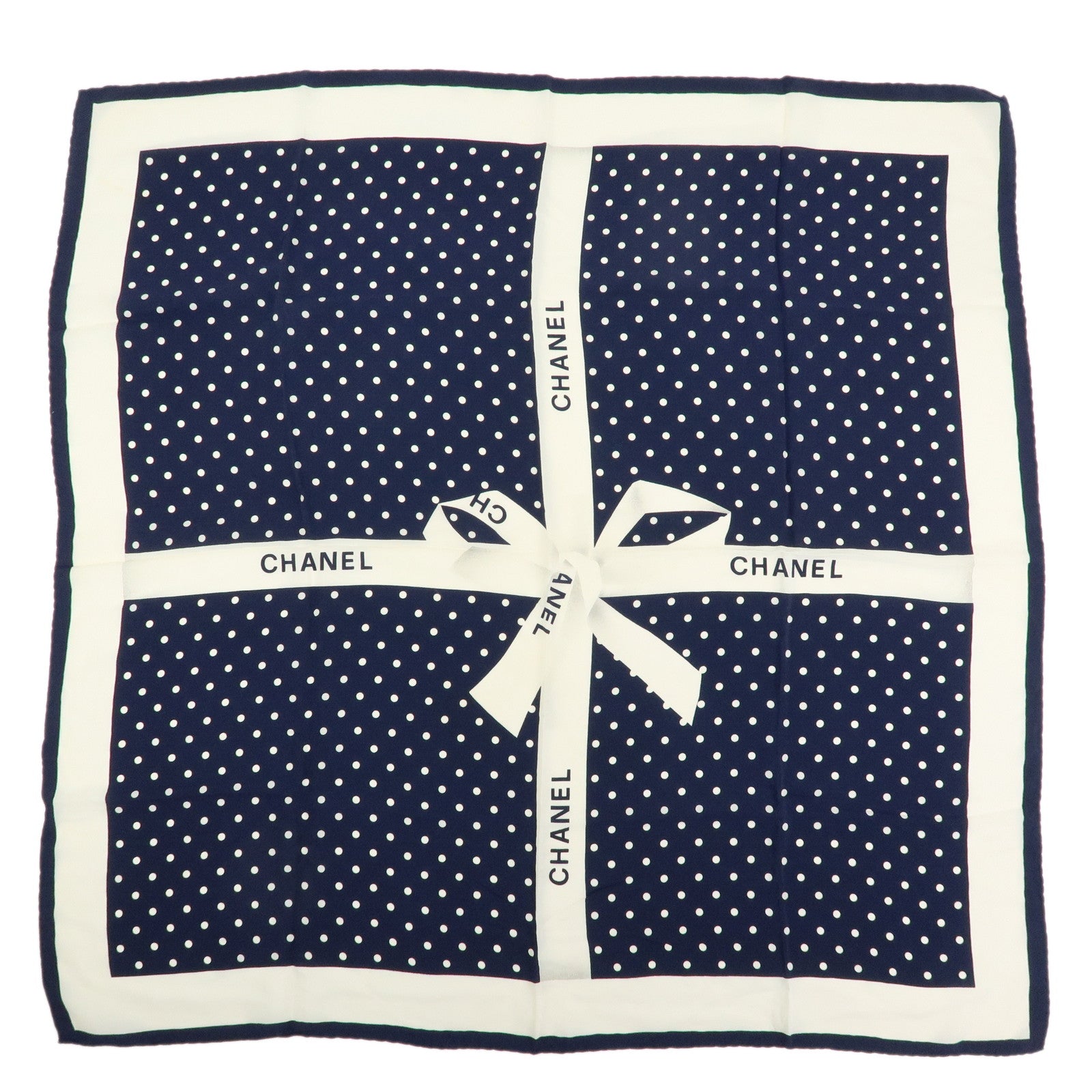 CHANEL Silk 100% Scarf Poka Dots Ribbon Design White Navy