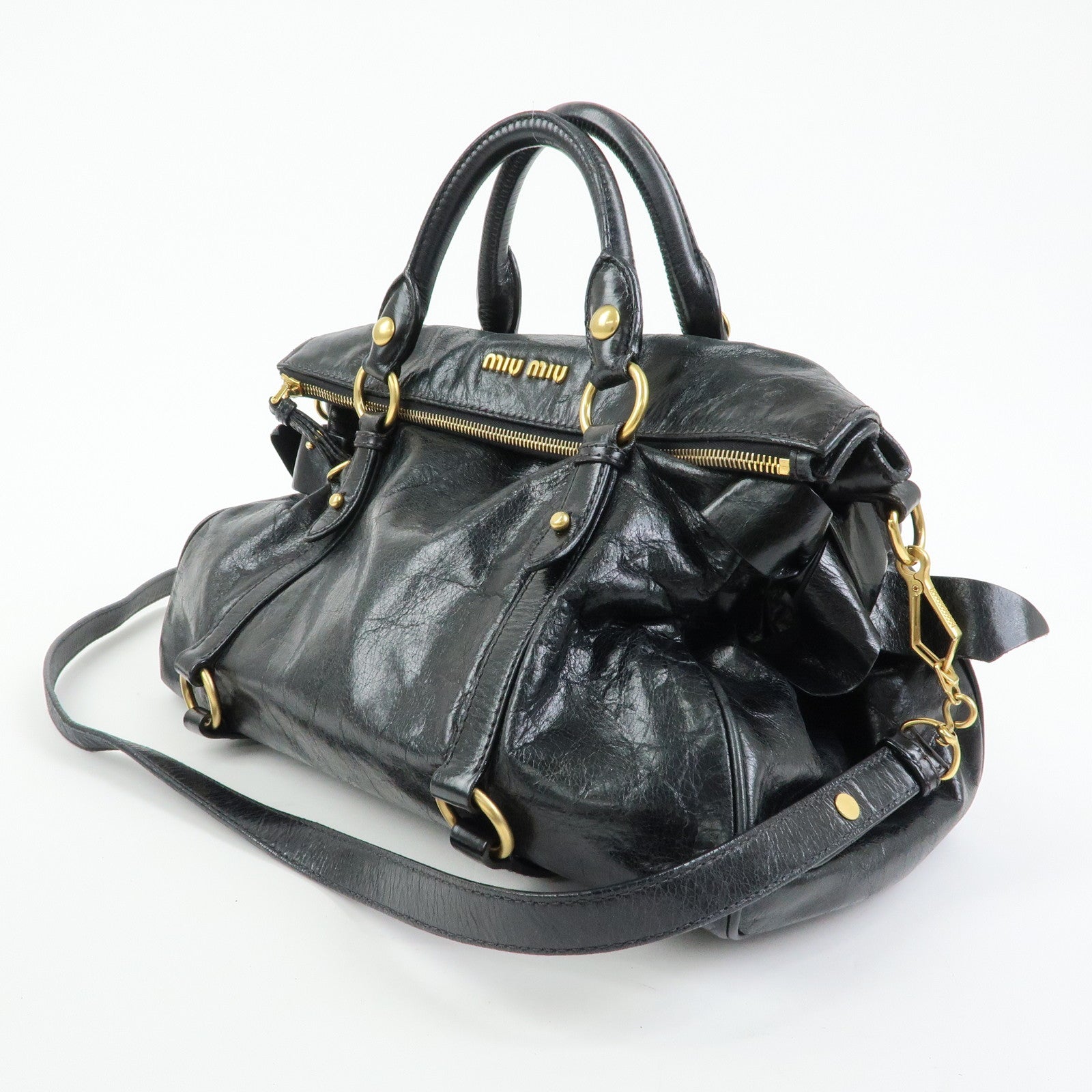 MIU MIU Leather Side Ribbon Large 2Way Hand Shoulder Bag Black  RT0365