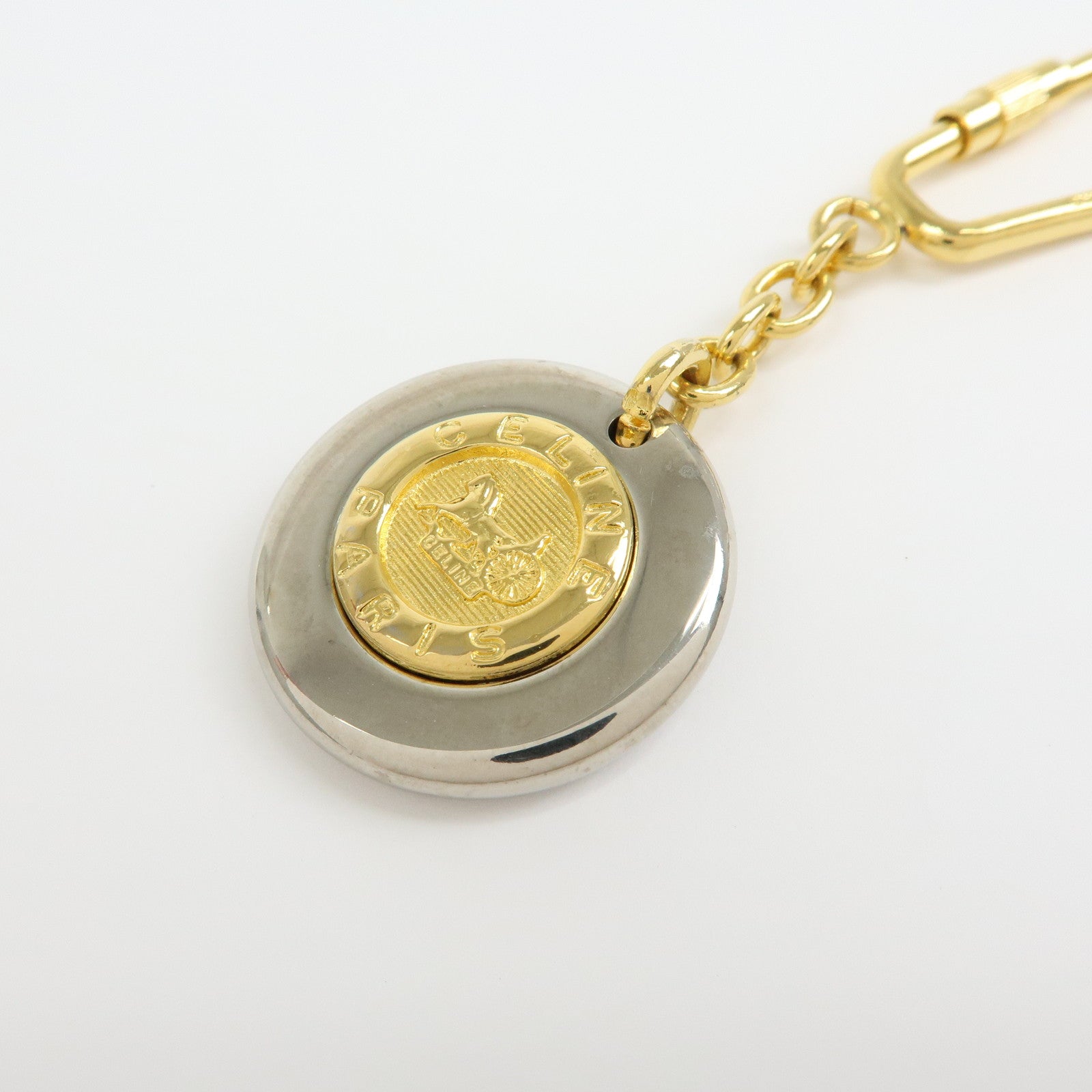 CELINE Horse Carriage Motif Metal Bag Charm Key Holder Gold Silver