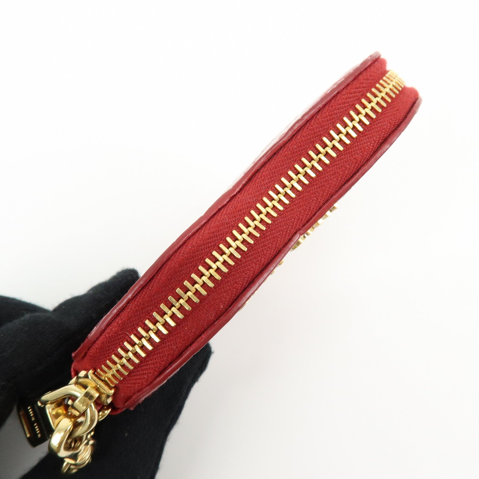 MIU MIU Embossed Leather Coin Case Bag Charm Heart Motif Red 5TL358